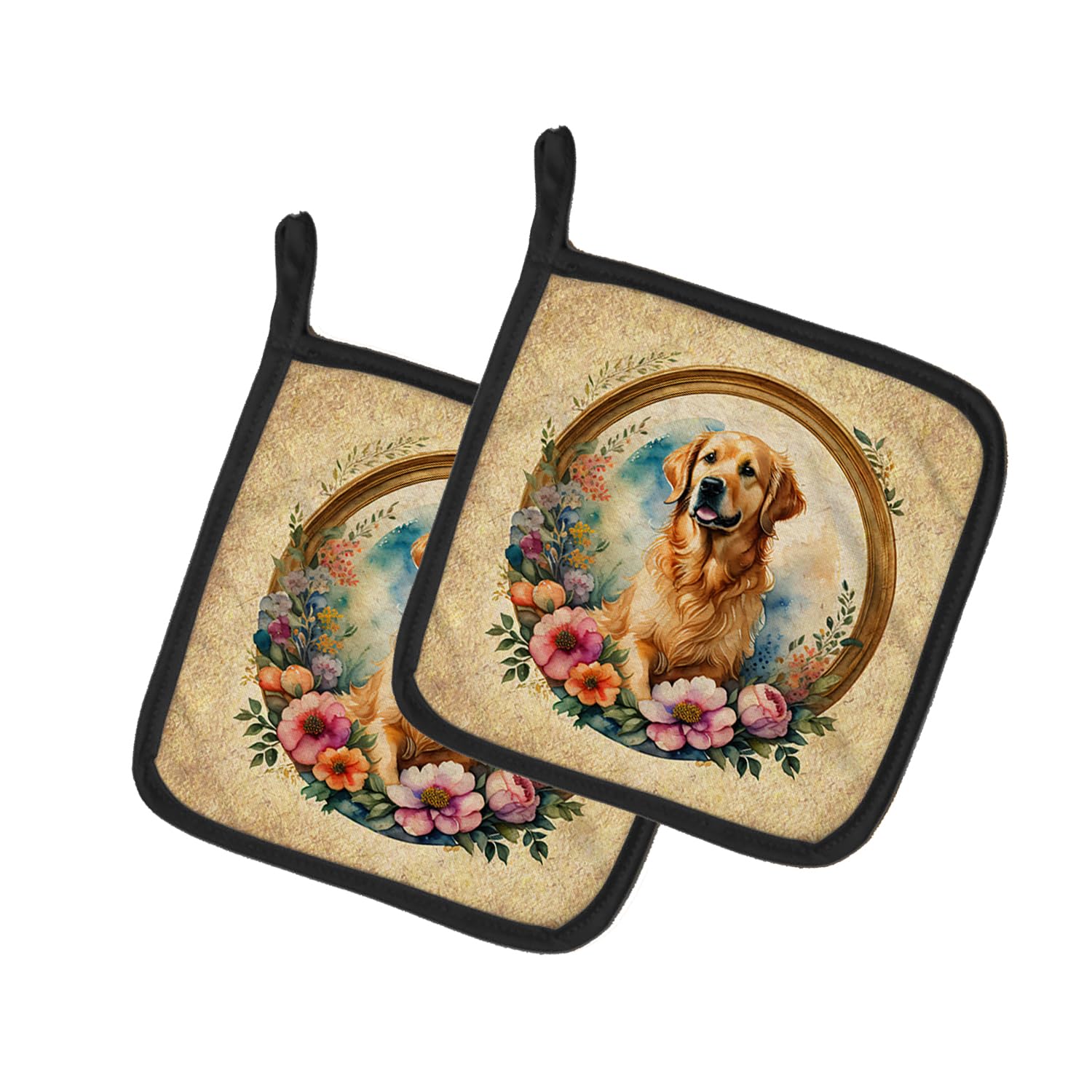 Golden Retriever and Flowers Pair of Pot Holders