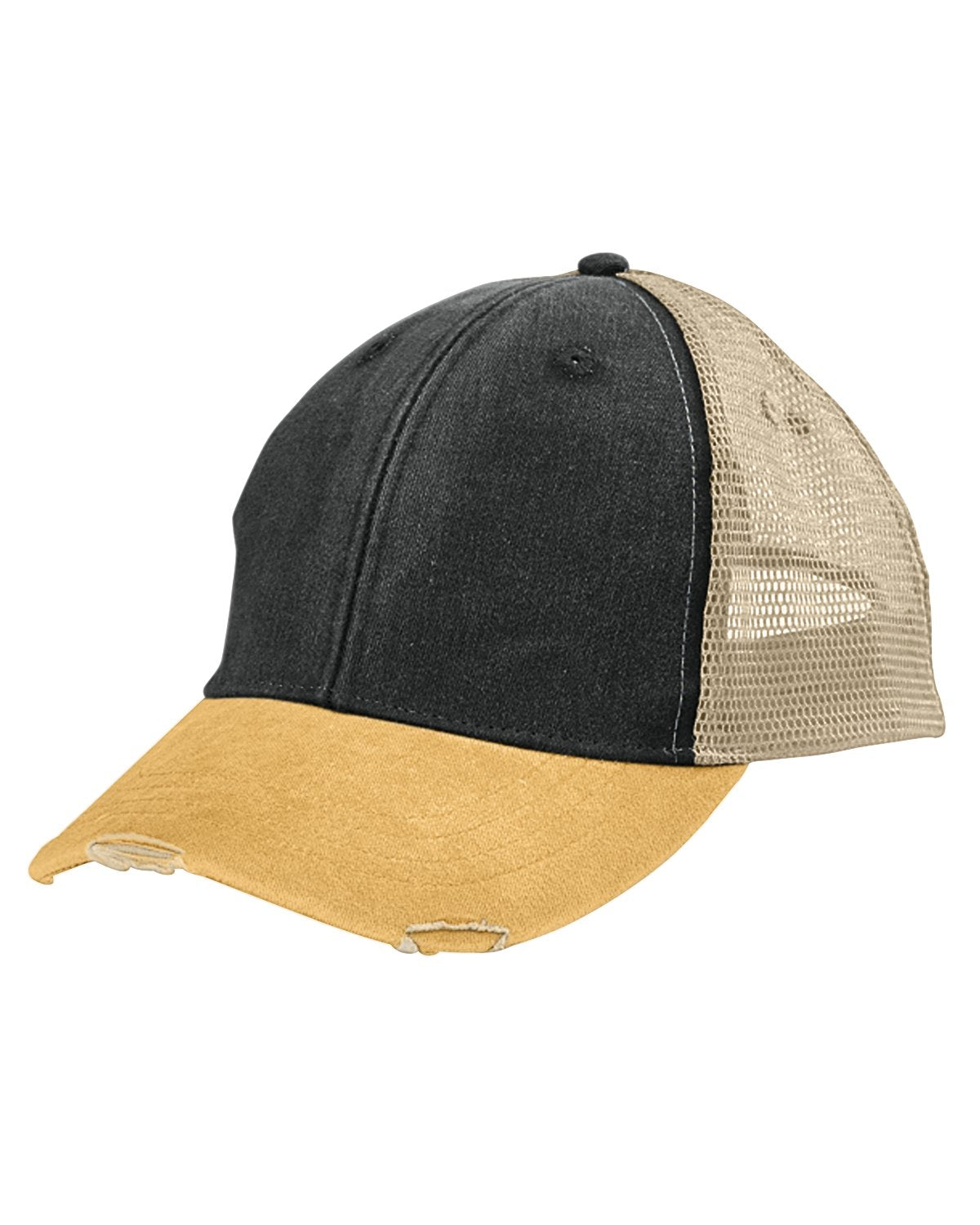 OL102 | OLLIE- Pigment dyed, garment washed, cotton, twill, six panel, structured, mid-crown trucker cap with nylon mesh back panels, distressed visor and snap back. - BLACK / MUSTARD