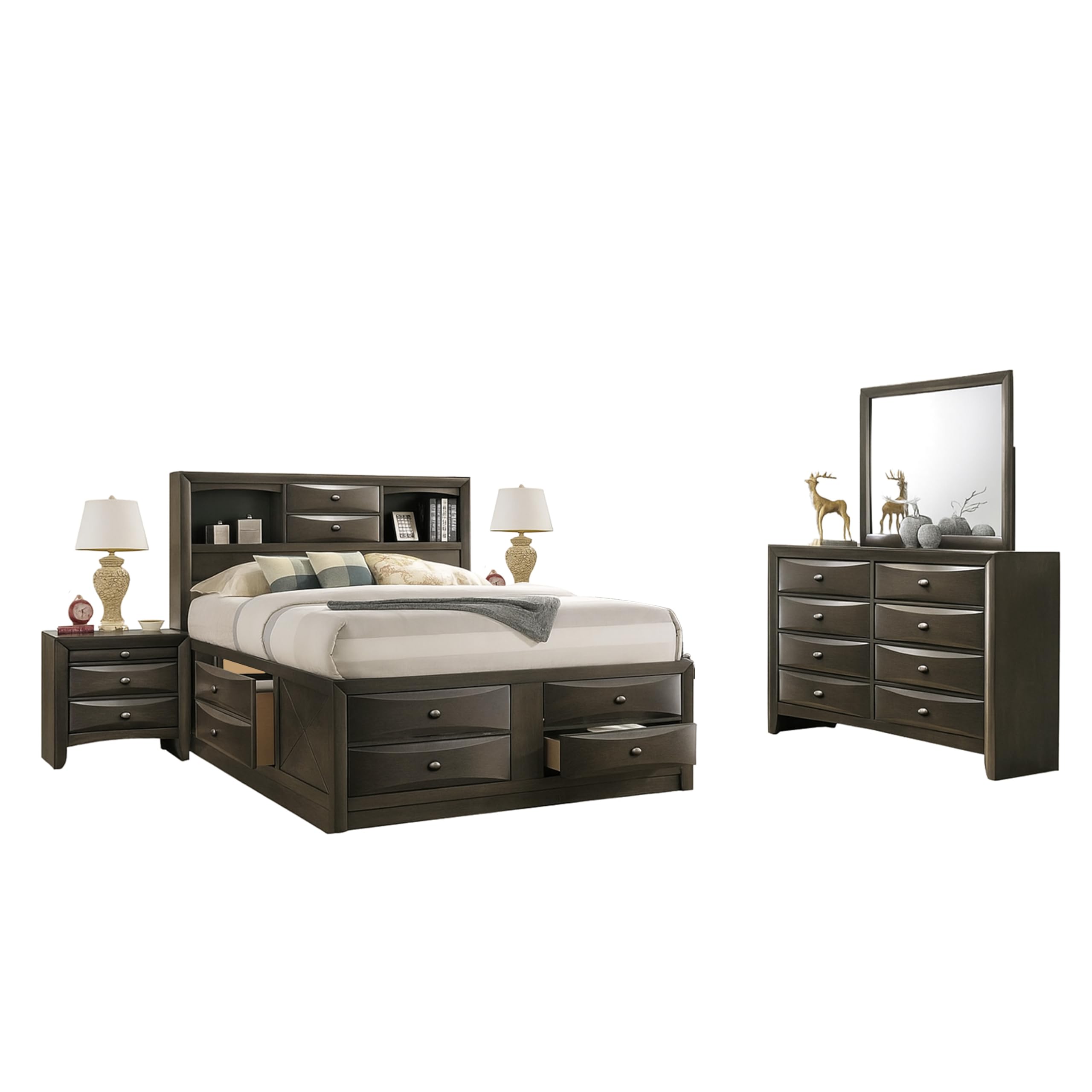 Simo 5pc Queen Bedroom Set w Bookcase Headboard, 2 Nightstands, Gray