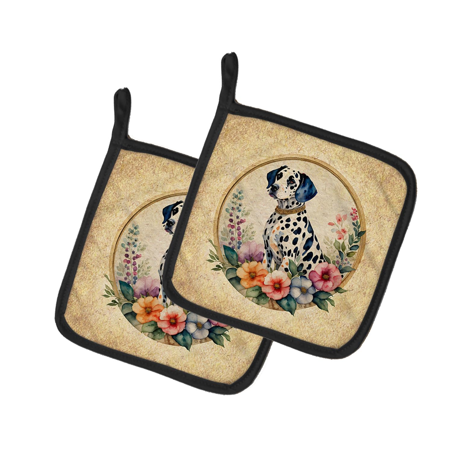 Dalmatian and Flowers Pair of Pot Holders