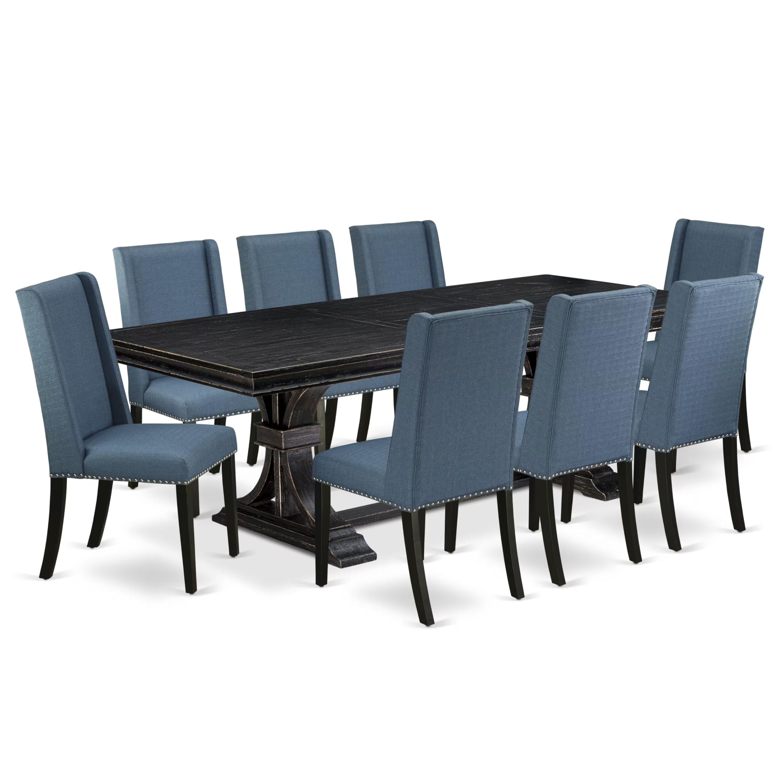 9 piece dining table set of a wooden table and 8 Linen Fabric upholstered chairs