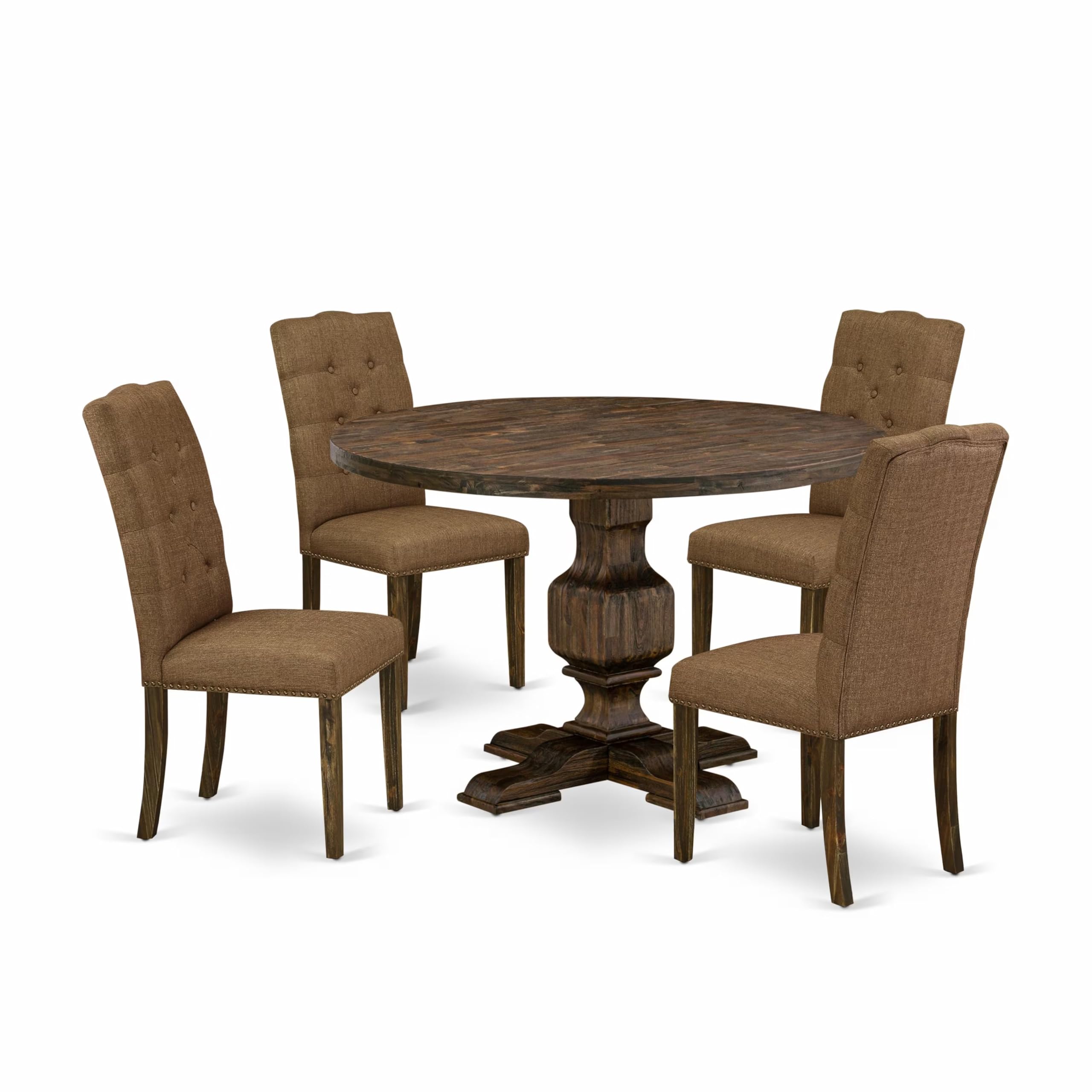 East West Furniture 5 Piece Modern Dining Set Consists of a Kitchen Table and 4 Brown Linen Fabric Parson Chairs with Button Tufted Back - Distressed Jacobean Finish