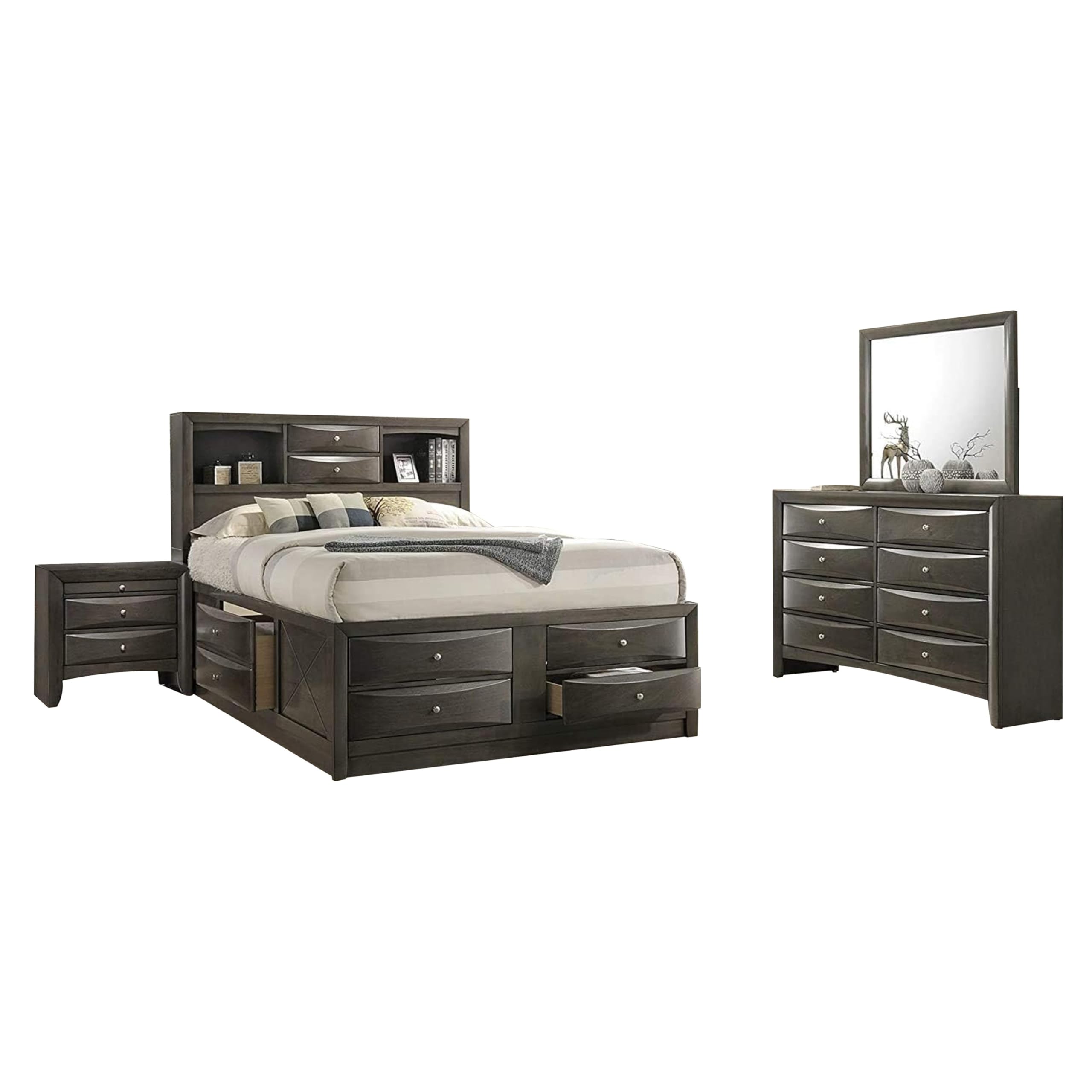 Simo 4pc Queen Bedroom Set w Bookcase Headboard w Drawers, Gray