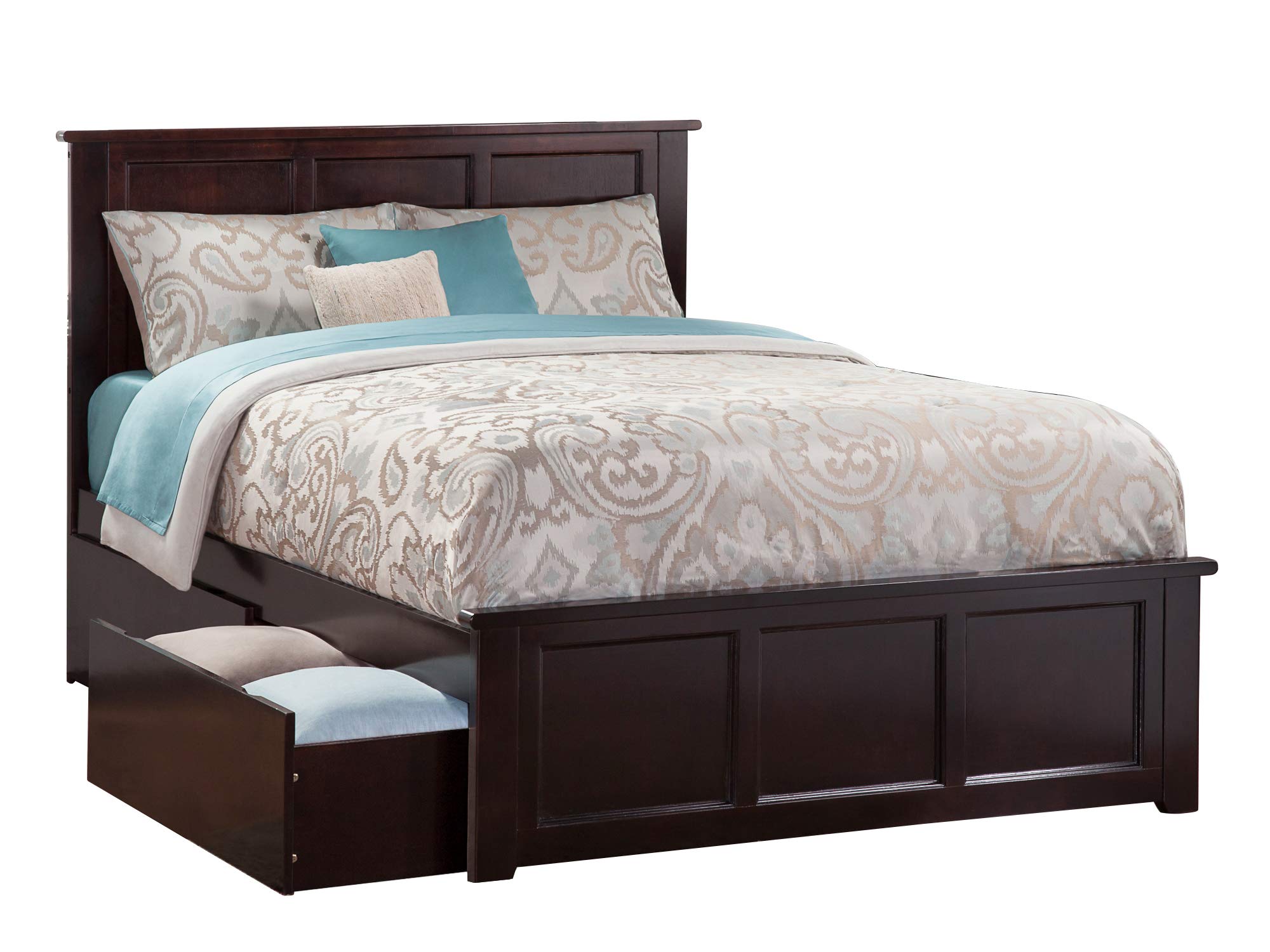 Madison Queen Solid Wood Platform Bed with Matching Footboard & 2 Storage Drawers in Espresso