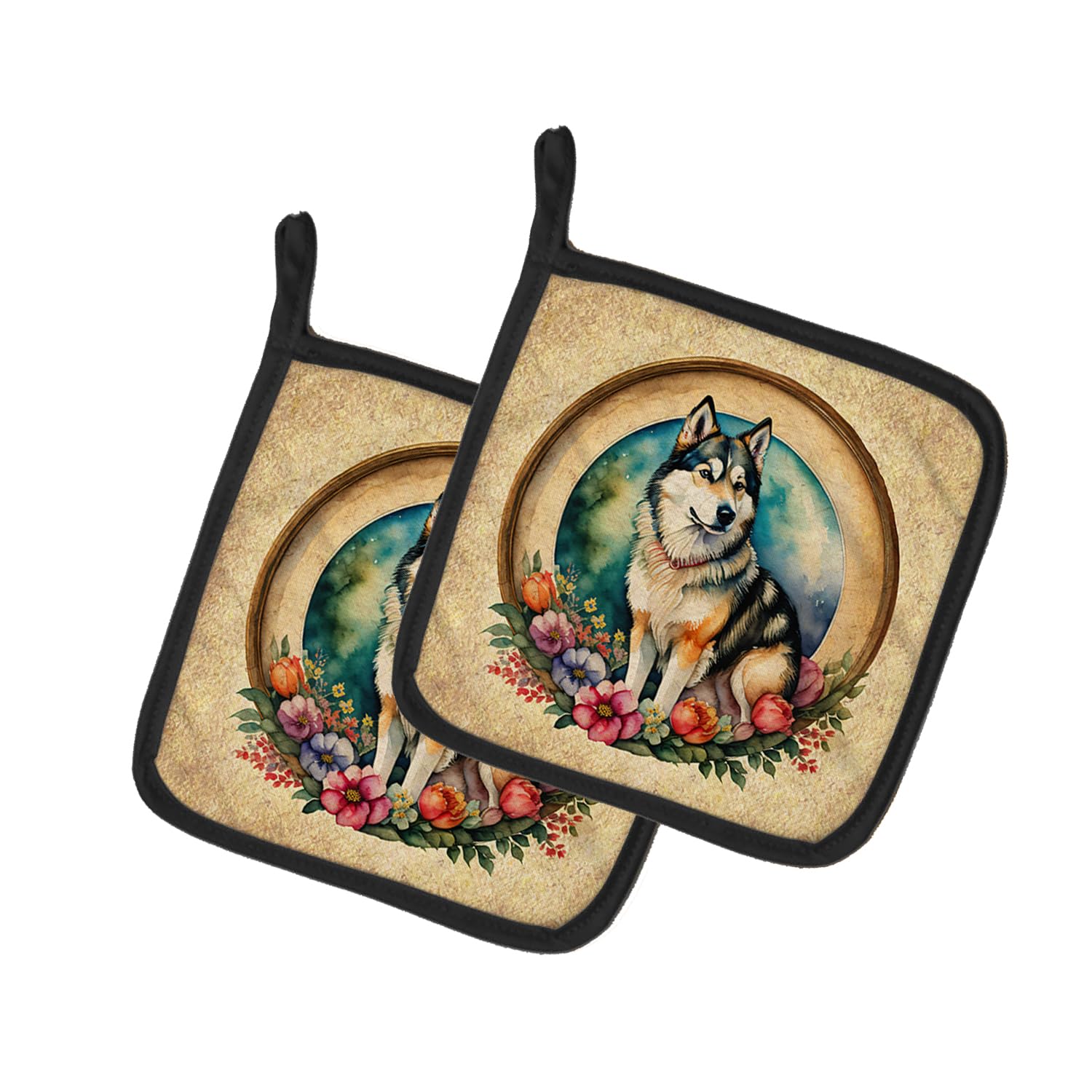 Alaskan Malamute and Flowers Pair of Pot Holders