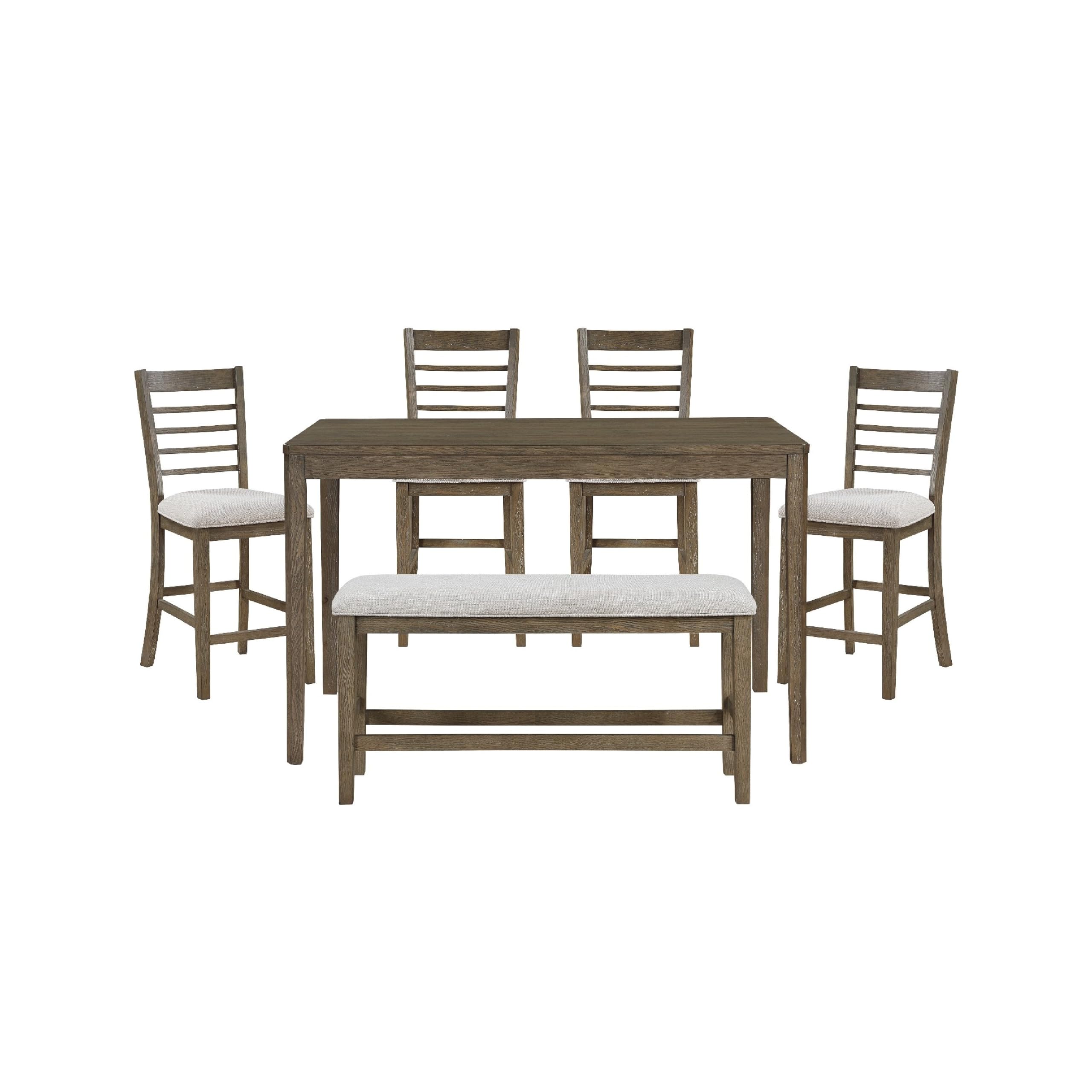 Emy 6pc Counter Height Table Set, 4 White Chairs, Bench, Light Brown
