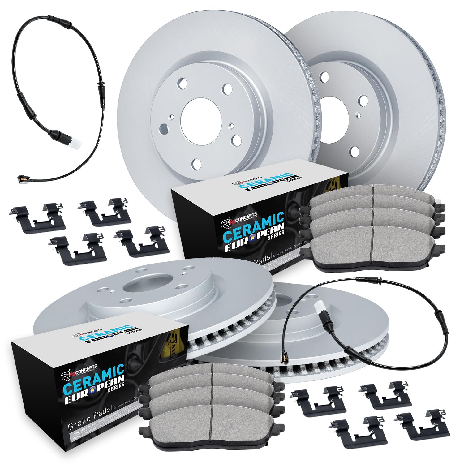 R1 Concepts Carbon Coated Disc Brake Rotor Set with Euro Ceramic Pads, Sensor, and Hardware WDTS2-12479