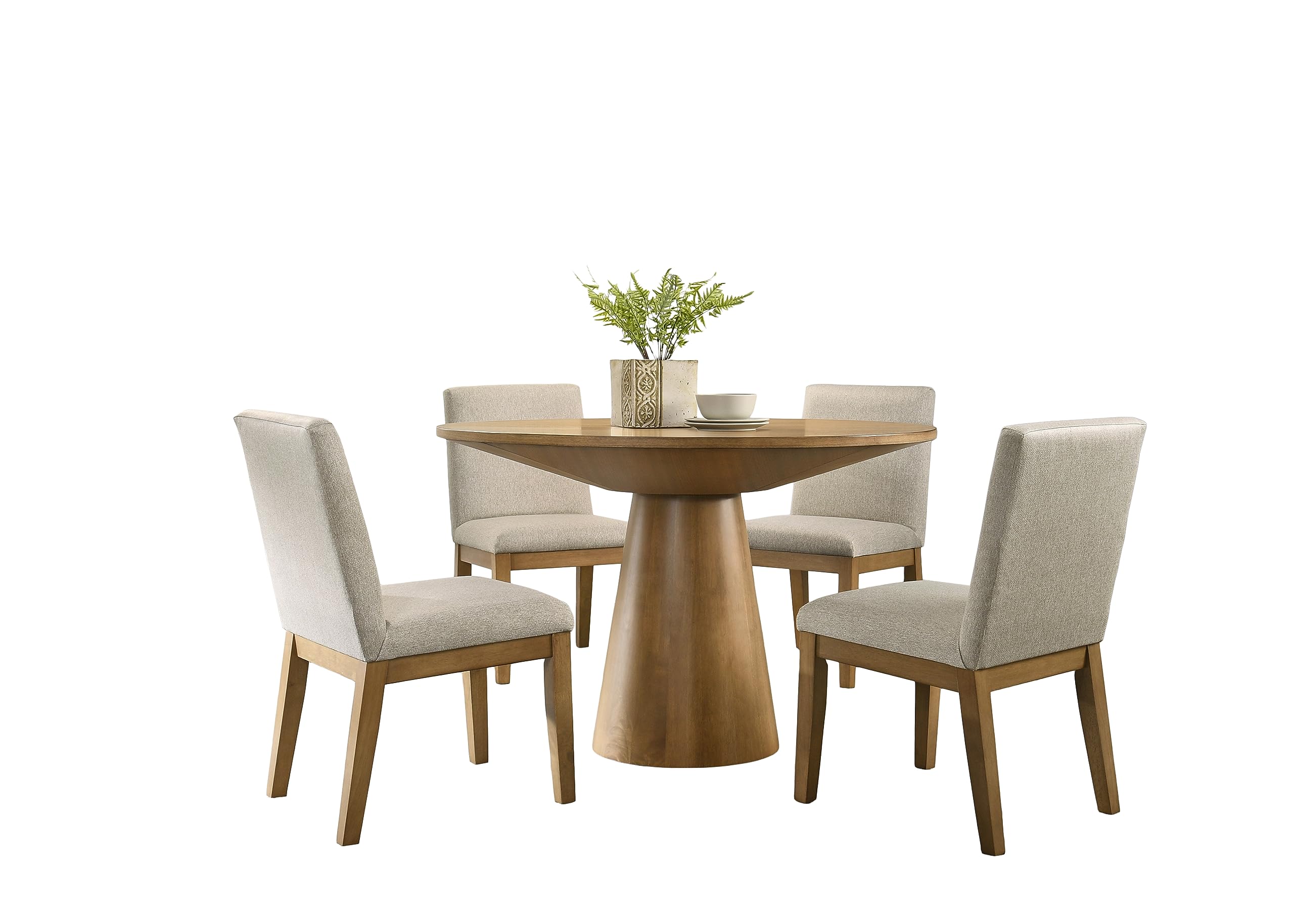 Lilola Living Jasper Driftwood Finish 5 Piece 47' W Contemporary Round Dining Table Set With Pedestal Base And Beige Fabric Chairs