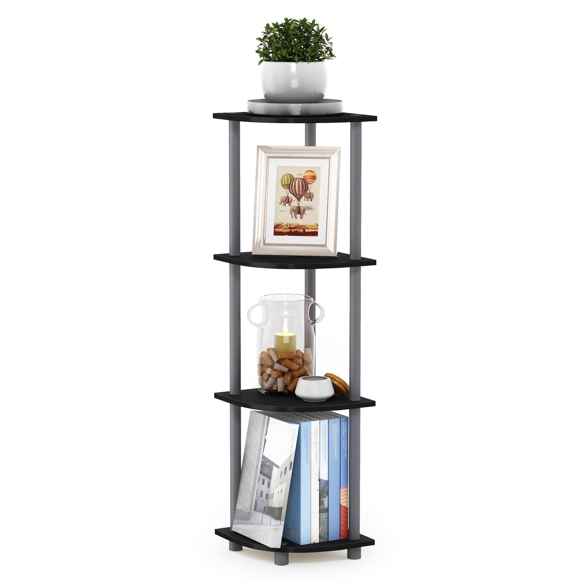 Furinno 12078BK/GY Turn-N-Tube 4-Tier Corner Display Rack Multipurpose Shelving Unit, Black/Grey