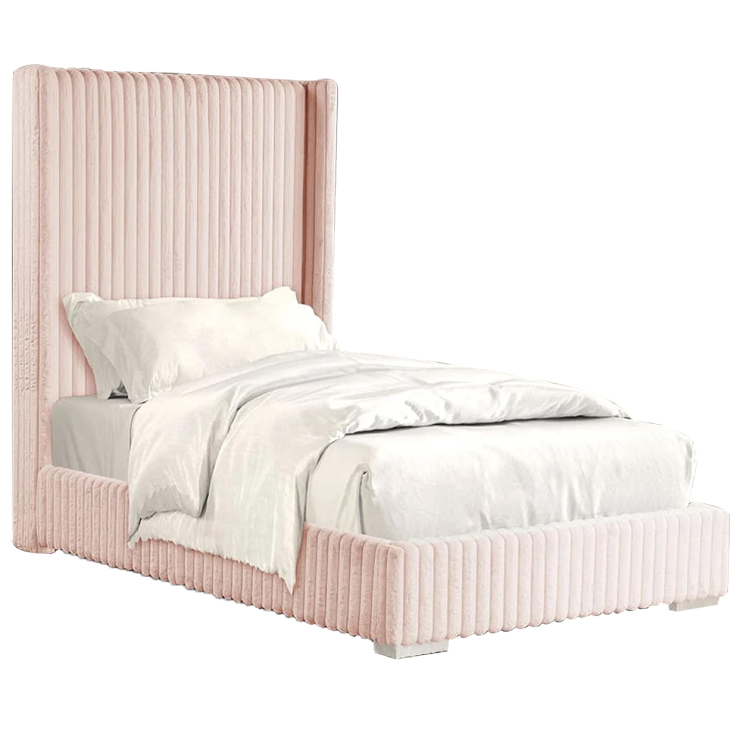 Wolo Full Size Bed, Pink Channel Tufted Fur Chenille Upholstery