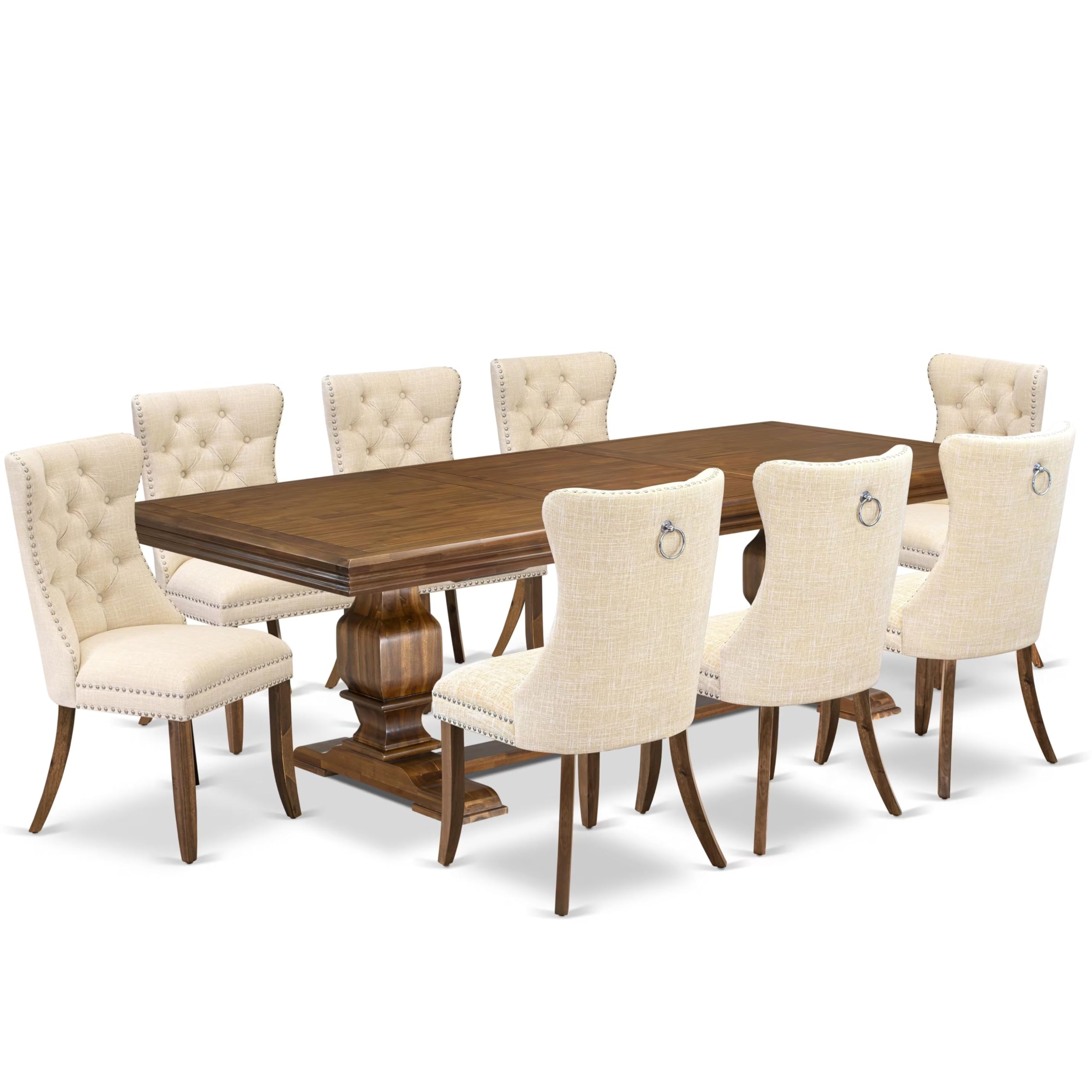 9 Pieces Dining Table Set a Rectangle Table and 8 Linen fabric Dining Chairs