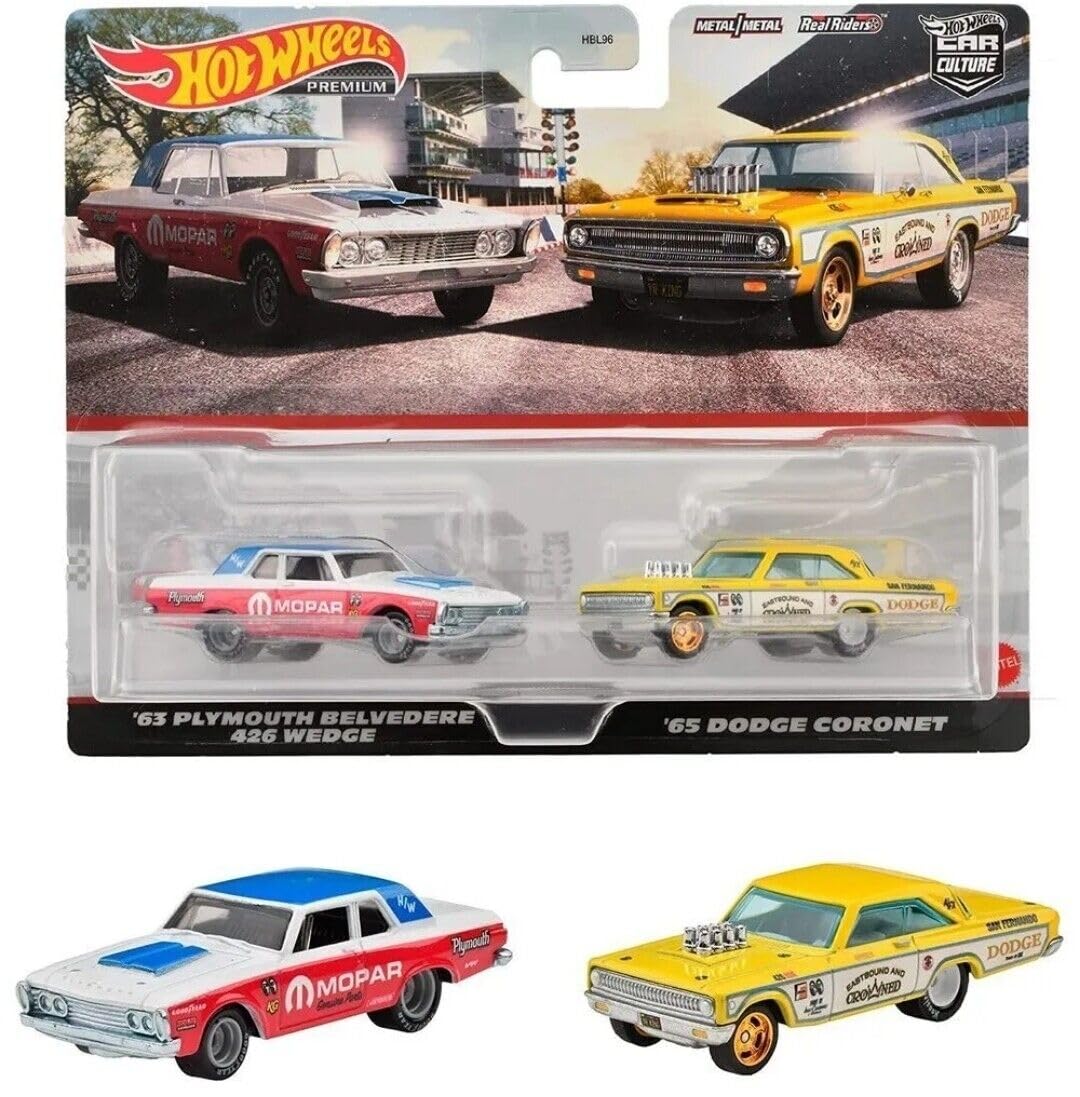 1963 Plymouth Belvedere 426 Wedge MOPAR White and Red with Blue Top and 1965 Dodge Coronet ?Eastbound and Crowned? Yellow and White ?Car Culture? Set of 2 Cars Diecast Model Cars by Hot Wheels