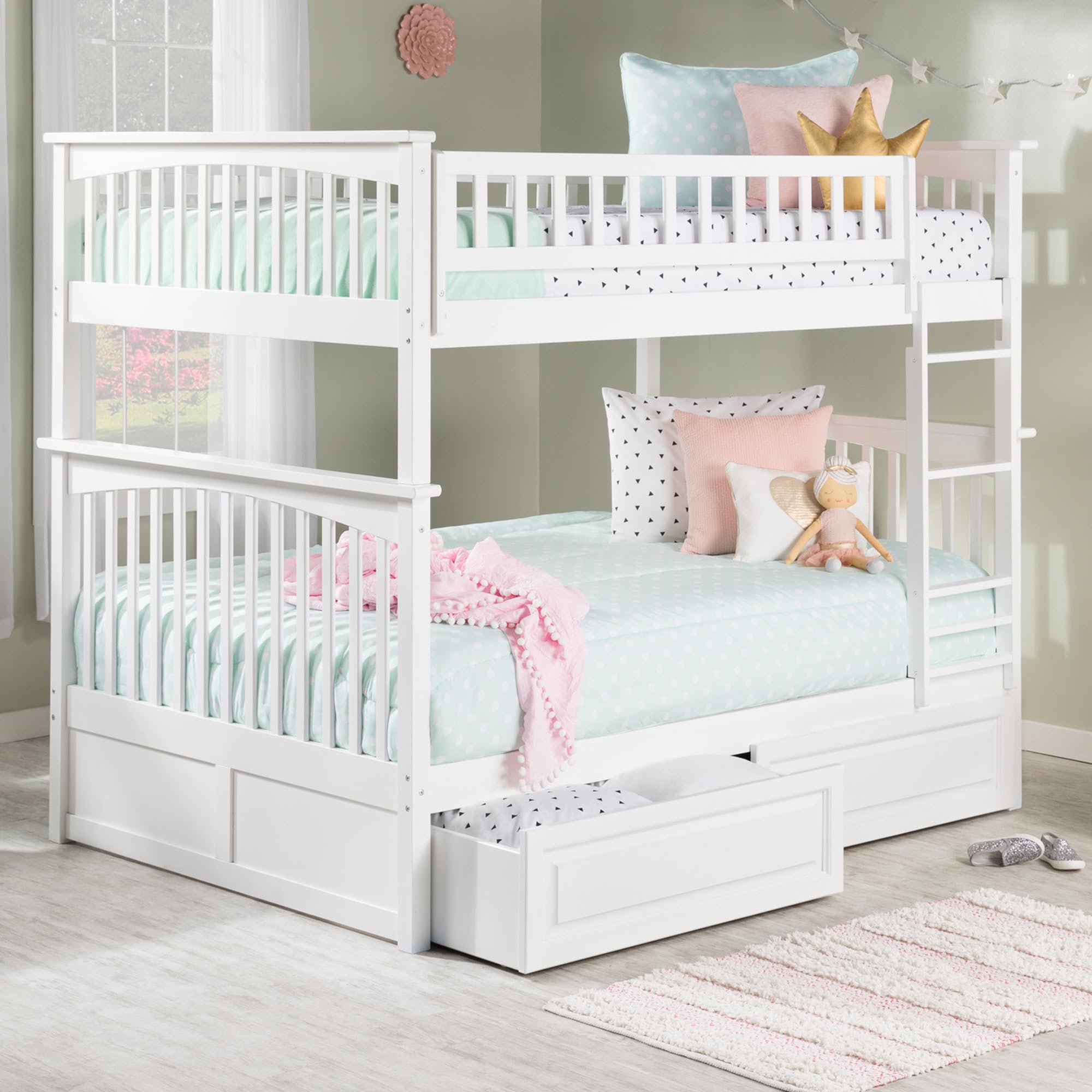 Columbia Full over Full Solid Wood Ladder Bunk Bed with 2 Raised Panel Storage Drawers in White