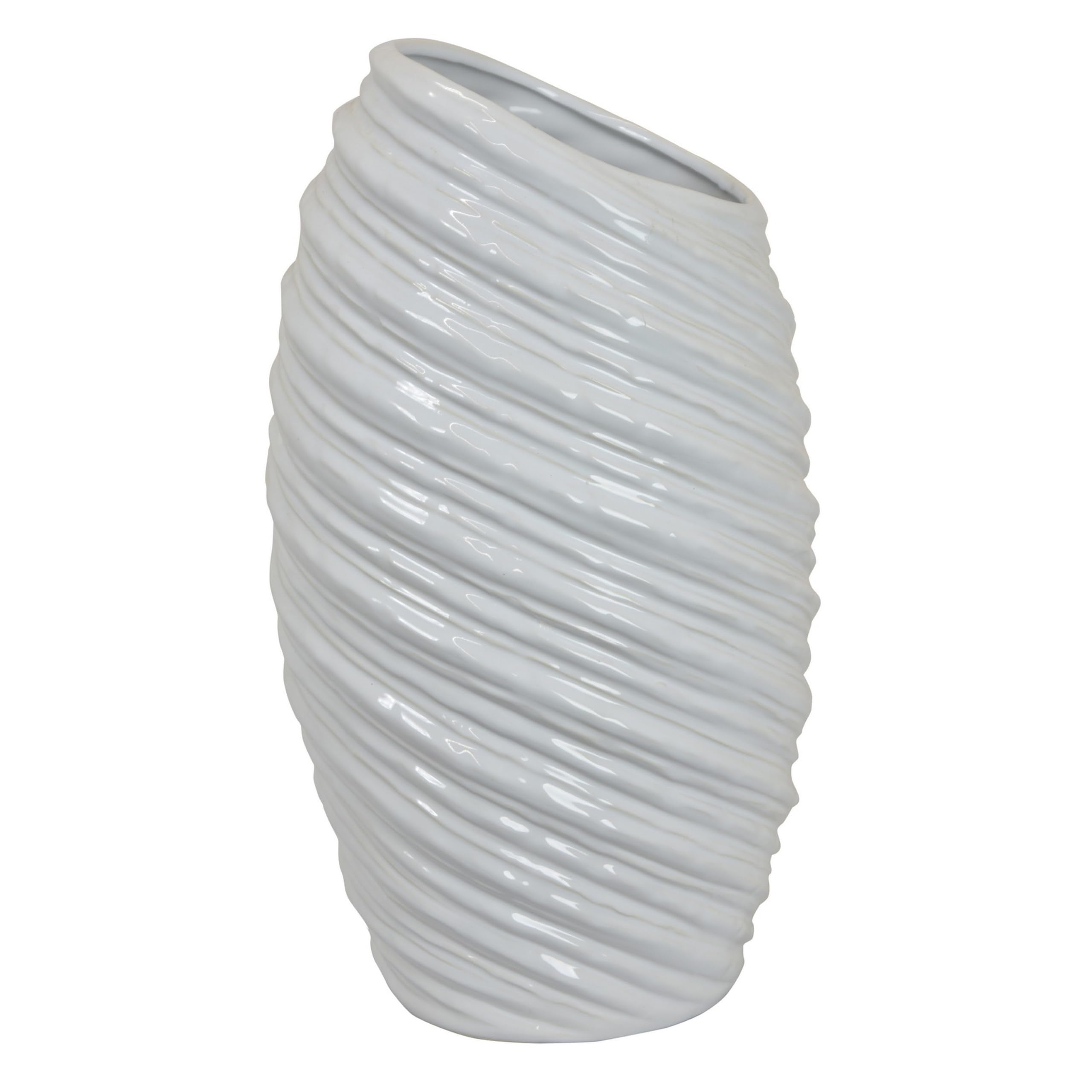Avery Tall Modern Vase, Angled Spiral Design, White Ceramic 17 Inch