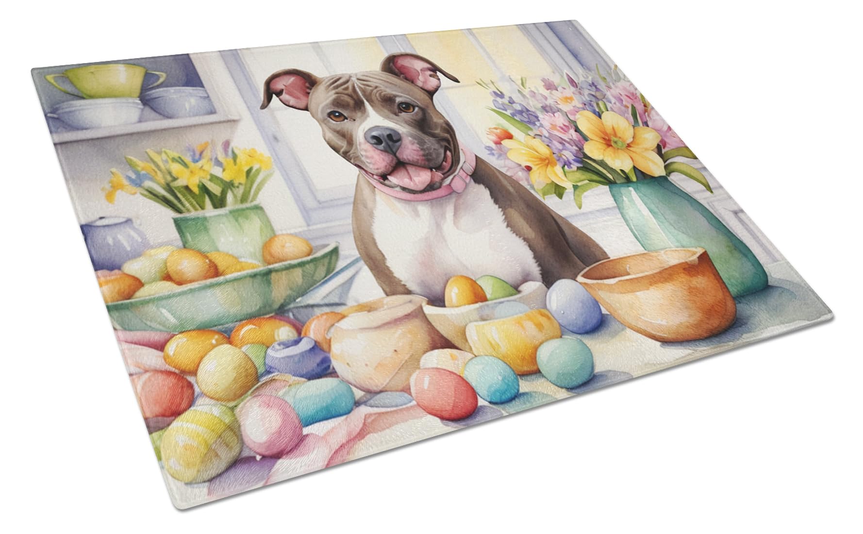 Carolines Treasures DAC6867LCB Decorating Easter Pit Bull Terrier Glass Cutting Board Decorative Tempered Glass Kitchen Cutting and Serving Board Large Size Chopping Board