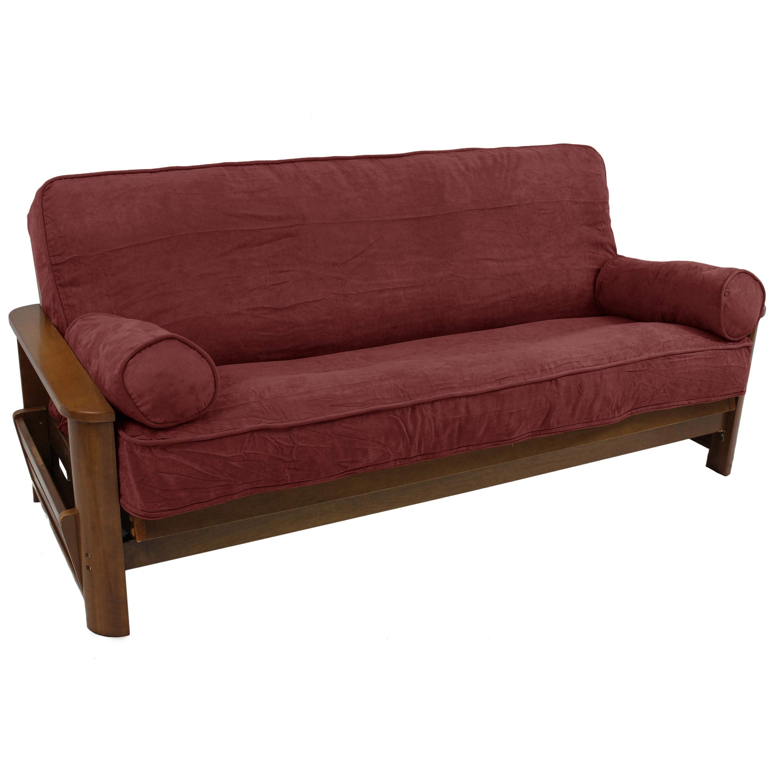 Solid Microsuede Double Corded 8 to 9-inch Full Futon Cover Set with Two 20 by 8-inch Bolster Pillows (Set of 3) - Red Wine