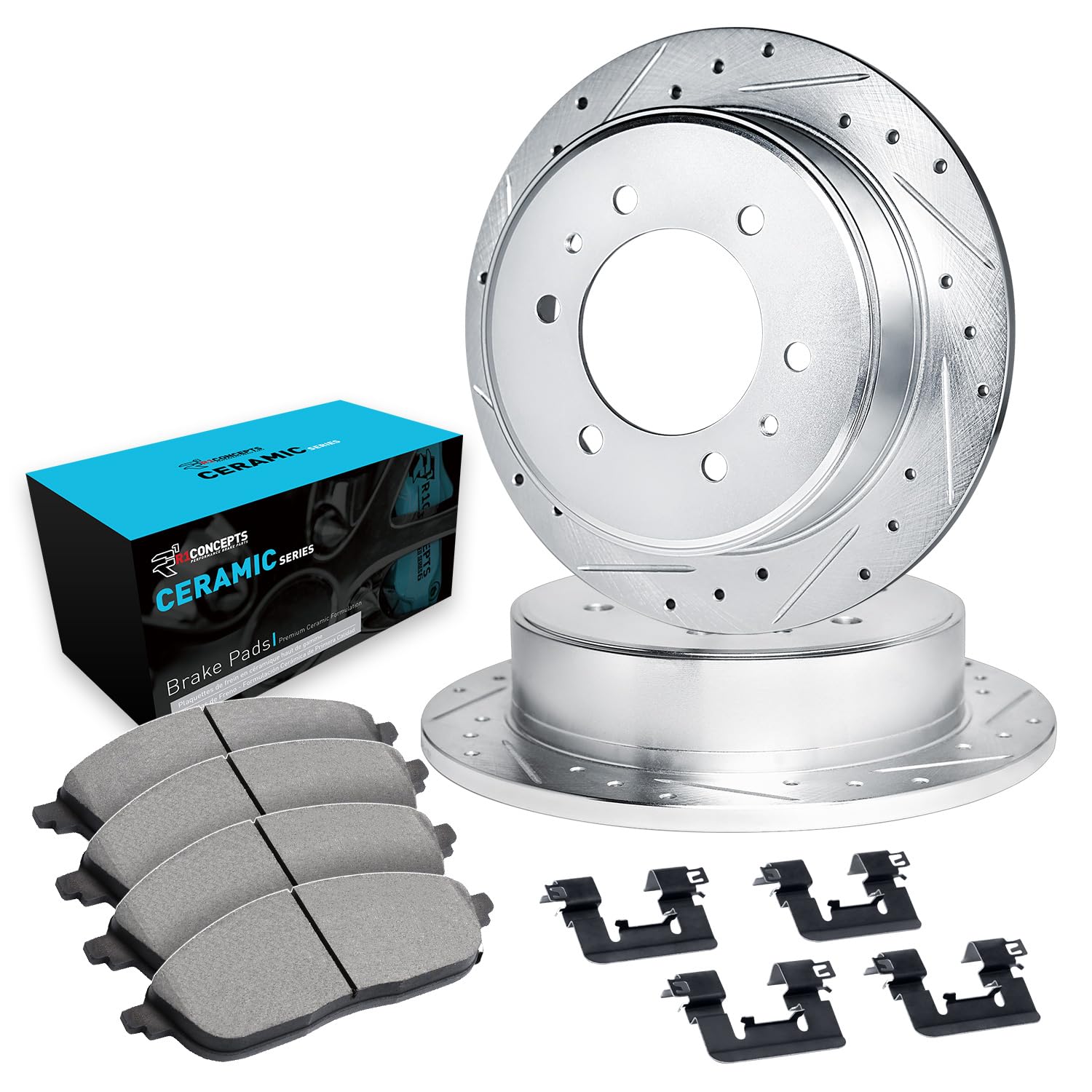 R1 Concepts Drilled and Slotted Silver Disc Brake Rotor Set with Ceramic Pads and Hardware WGWH1-67009