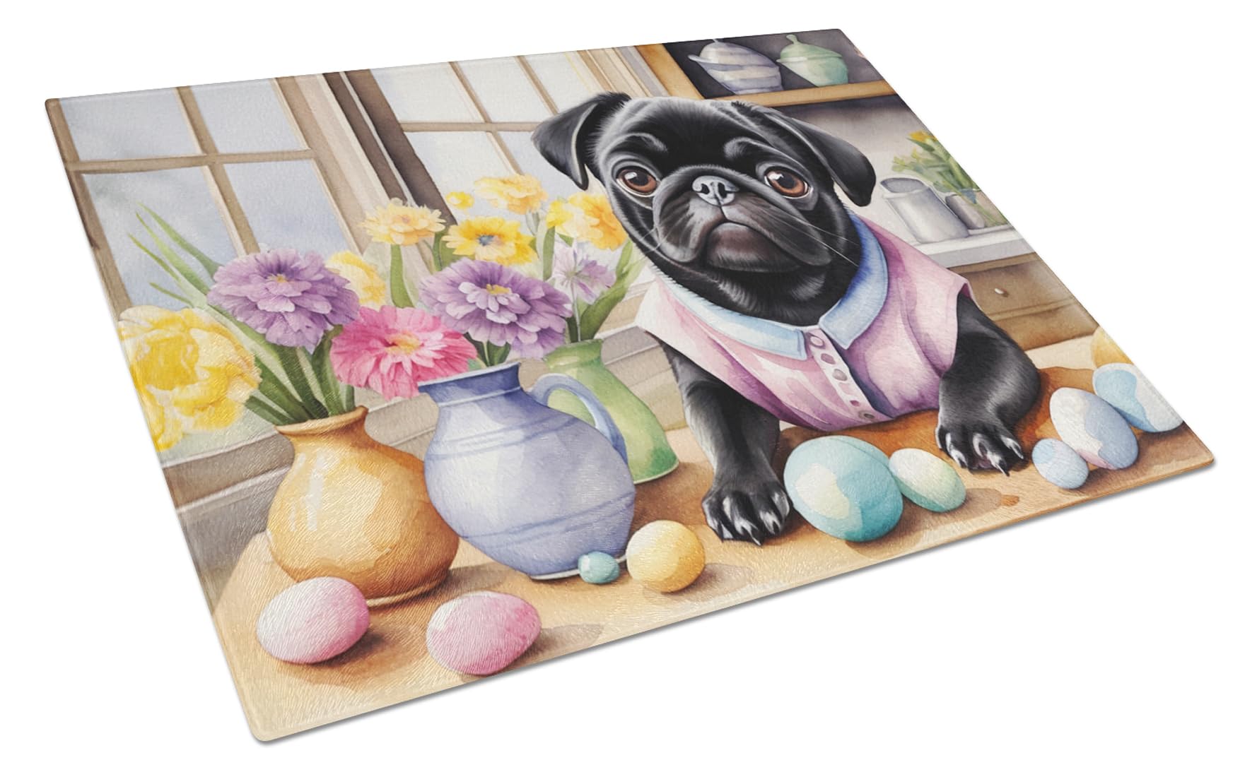 Carolines Treasures DAC6883LCB Decorating Easter Pug Glass Cutting Board Decorative Tempered Glass Kitchen Cutting and Serving Board Large Size Chopping Board