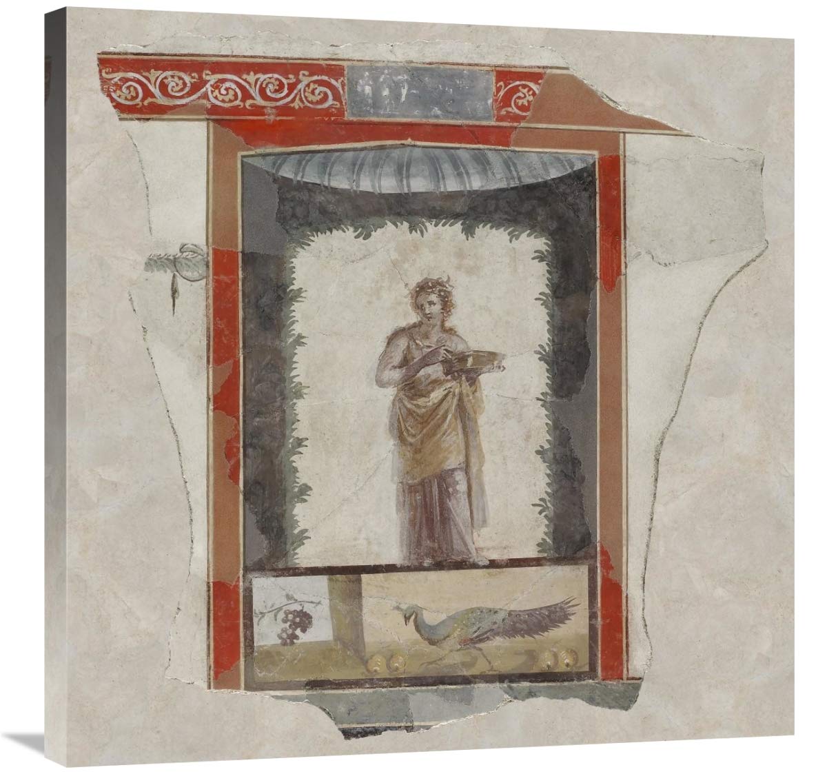 Fresco Depicting a Woman (Maenad) Holding a Dish, Peacock and Fruit Below-Canvas Art-30x30”