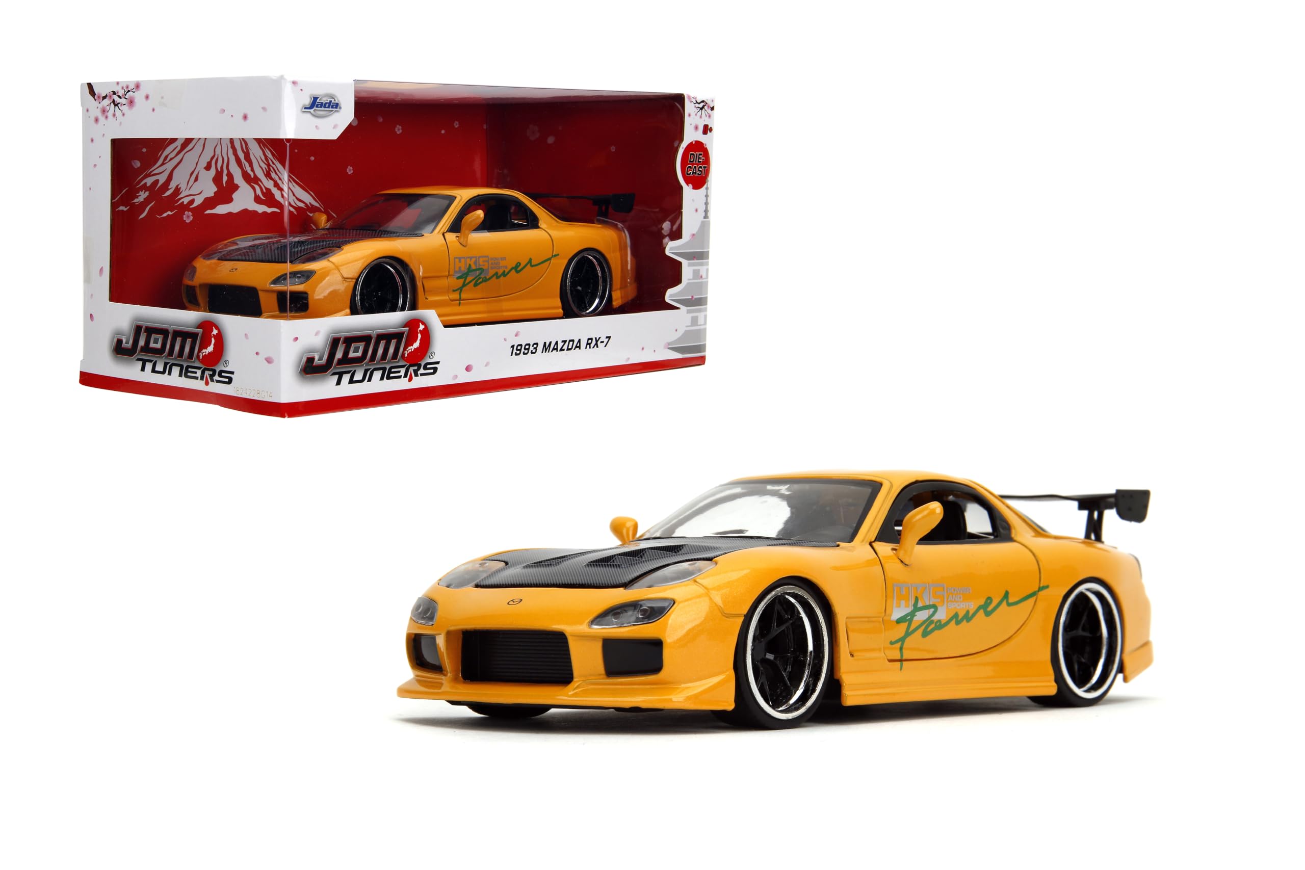 1993 Mazda RX-7 HKS Power Yellow with Carbon Hood ?JDM Tuners? Series 1/24 Diecast Model Car by Jada