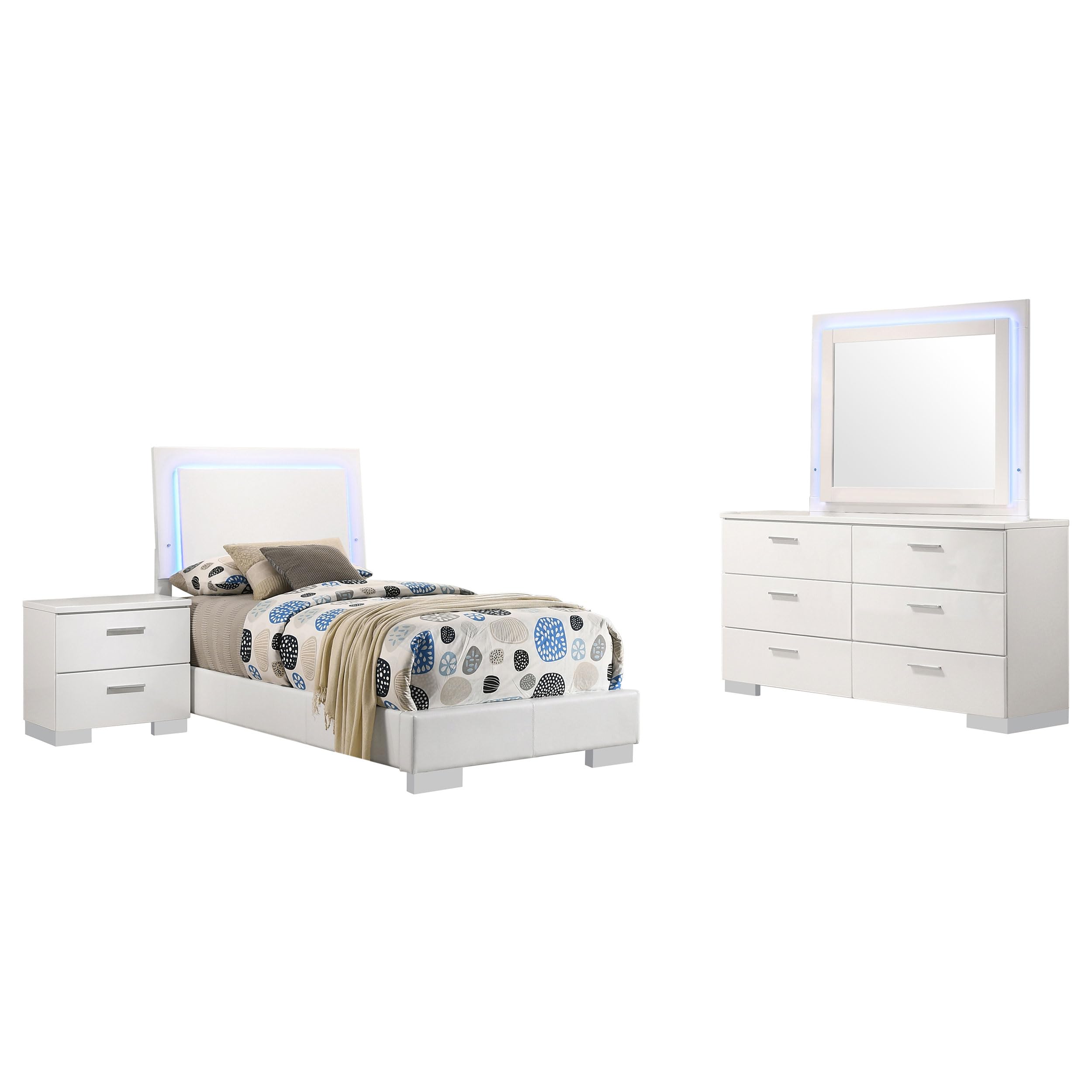Sok 4pc Twin Bedroom Set, Blue LED Lights, Faux Leather, White Wood
