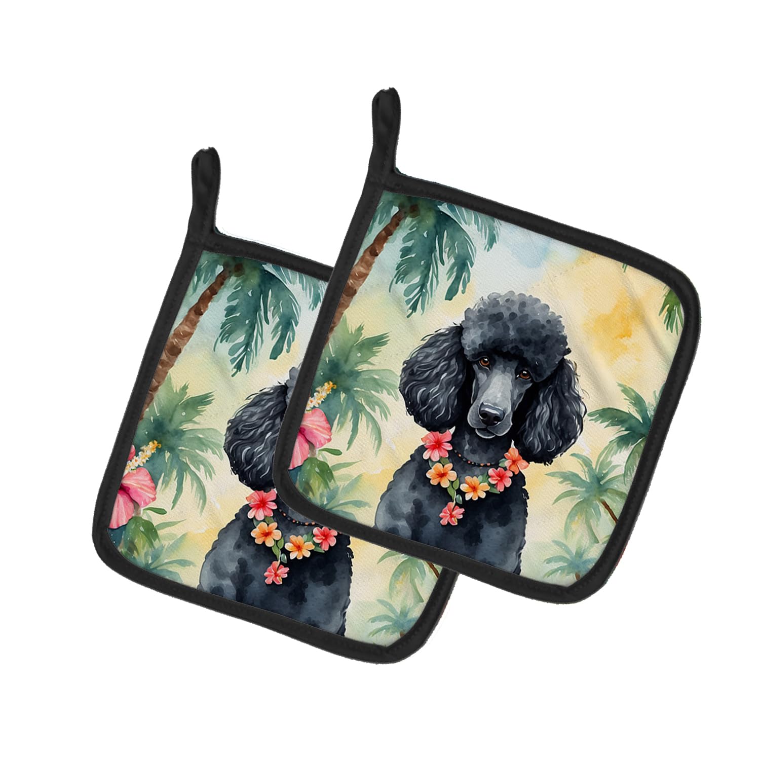 Black Poodle Luau Pair of Pot Holders