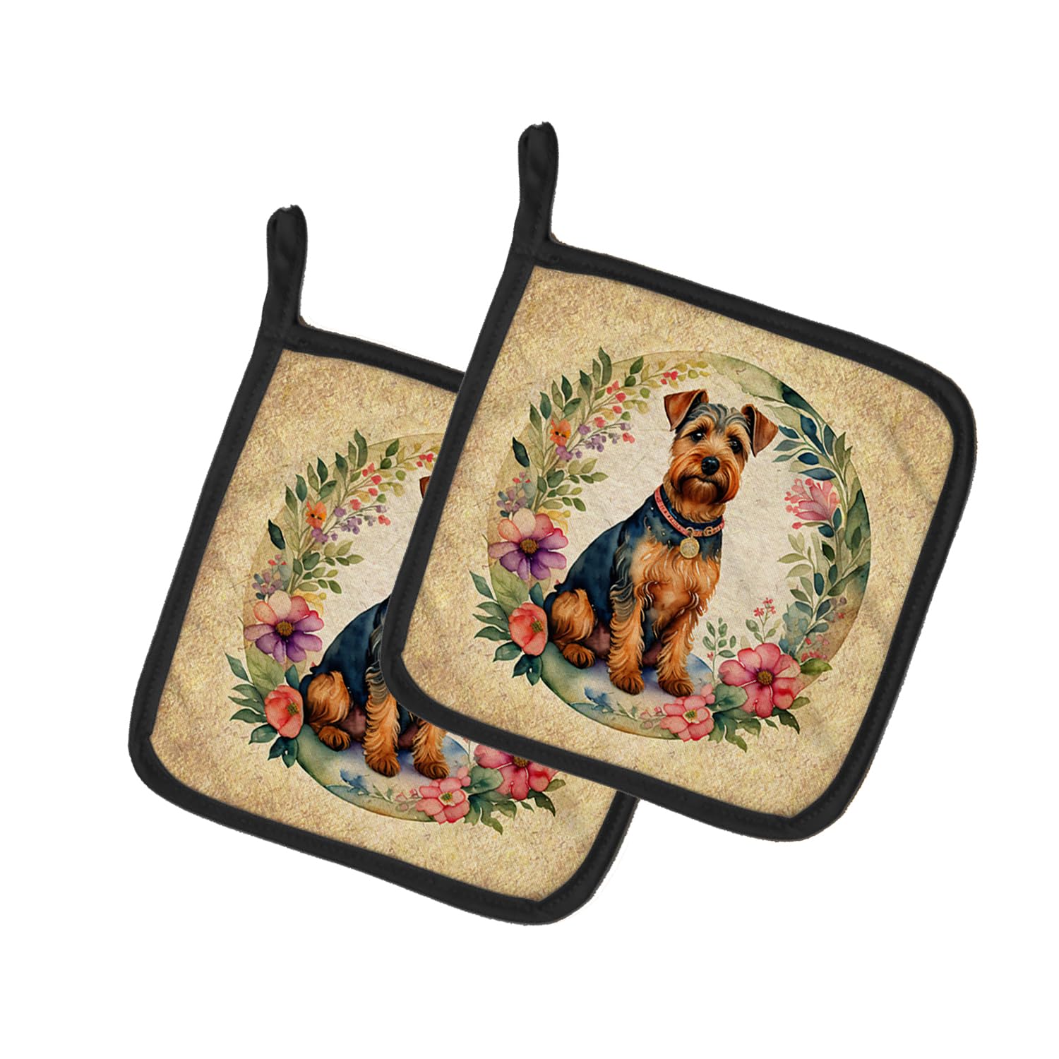 Welsh Terrier and Flowers Pair of Pot Holders