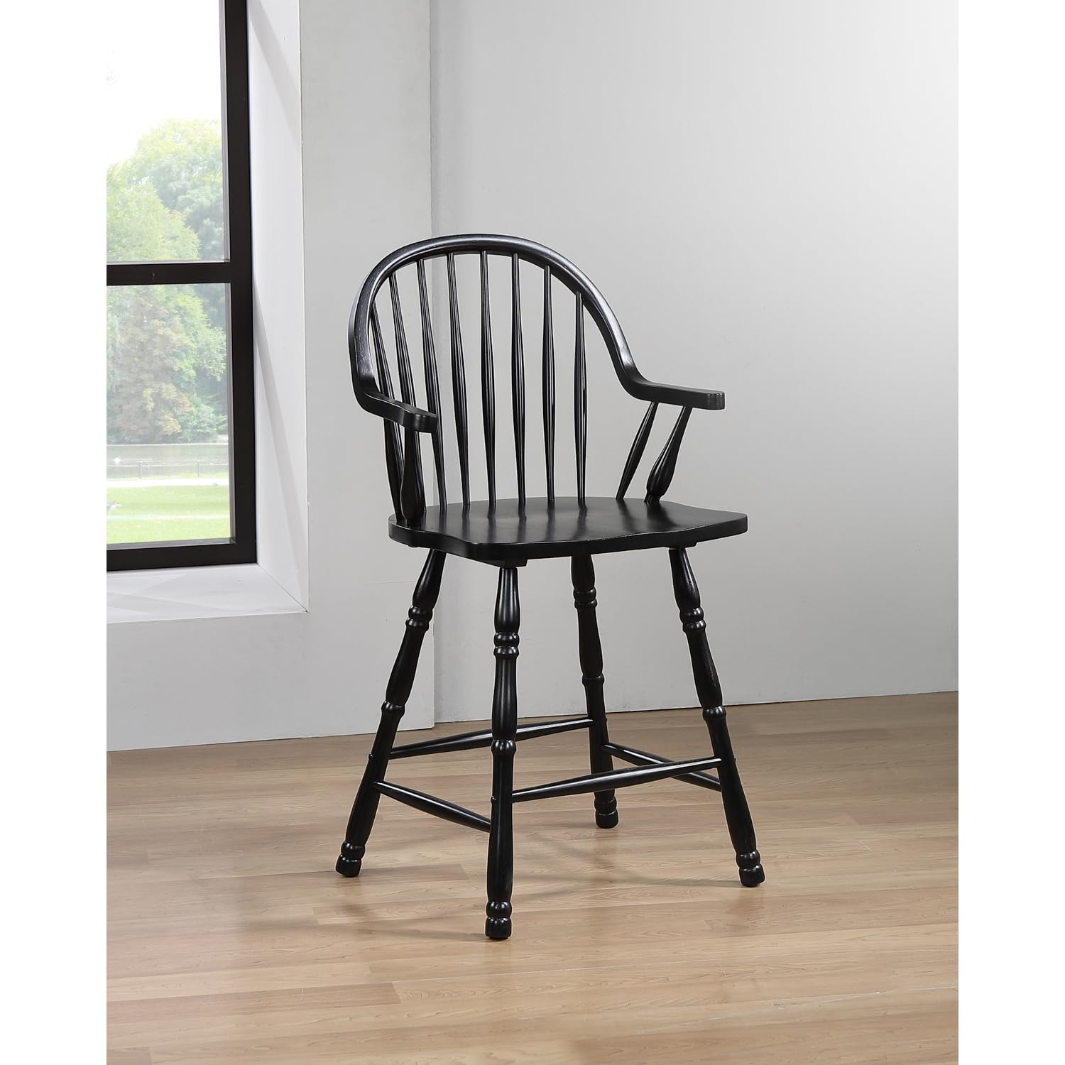 Sunset Trading 24 Windsor Wood Barstools With Arms In Antique Black (Set Of 2)