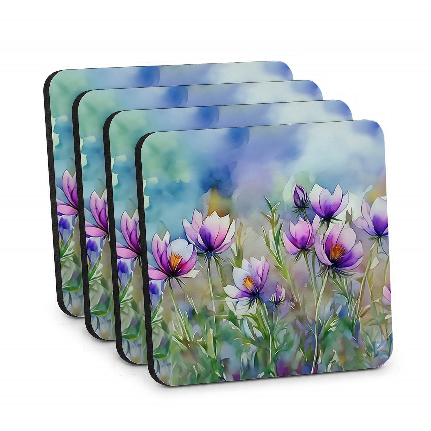 Carolines Treasures South Dakota Pasque Flowers in Watercolor Foam Coasters Set of 4 Cup Coasters for Indoor Outdoor, Tabletop Protection, Anti Slip, Mouse pad Material
