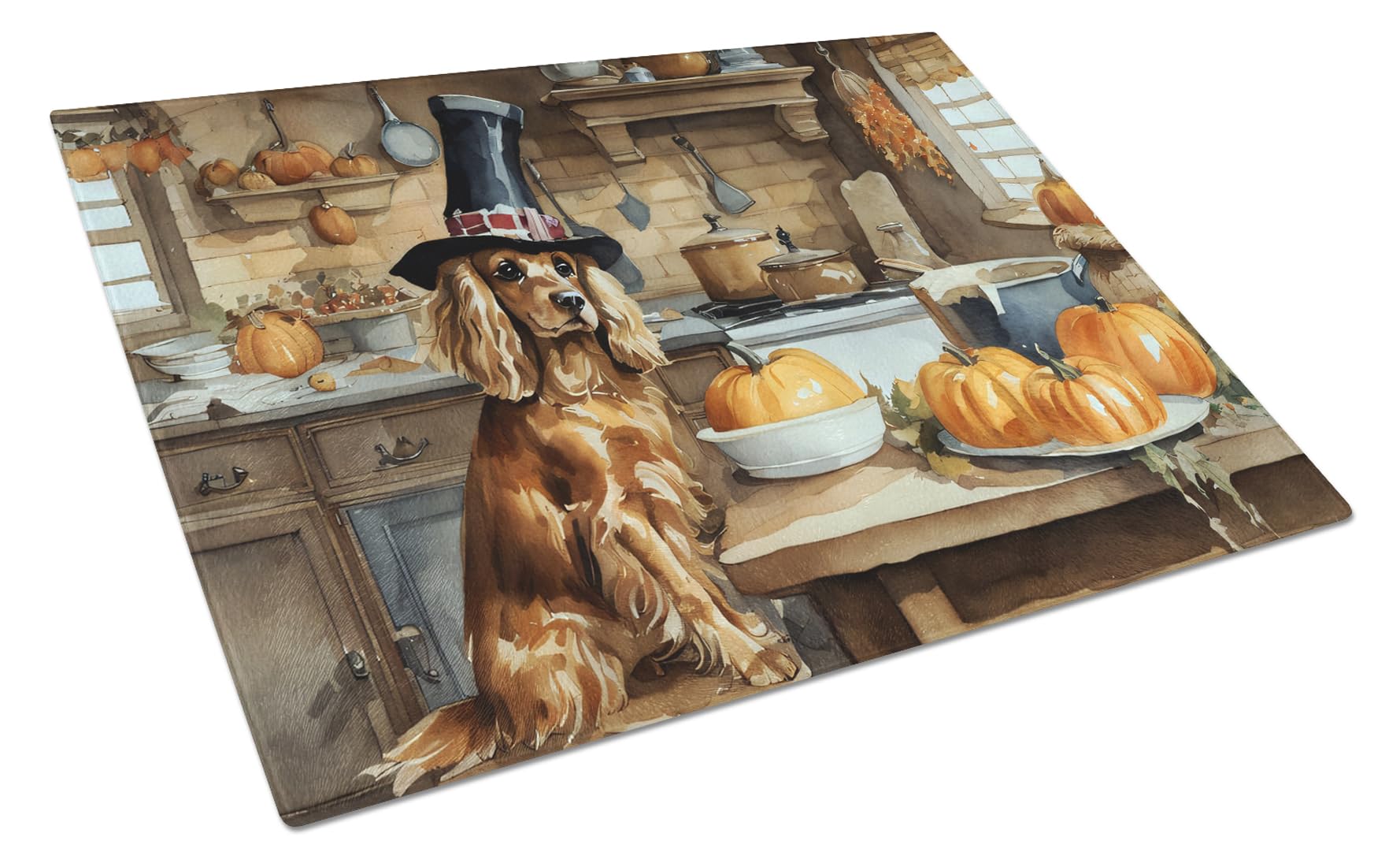 Carolines Treasures DAC1764LCB Cocker Spaniel Fall Kitchen Pumpkins Glass Cutting Board Large Decorative Tempered Glass Kitchen Cutting and Serving Board Large Size Chopping Board