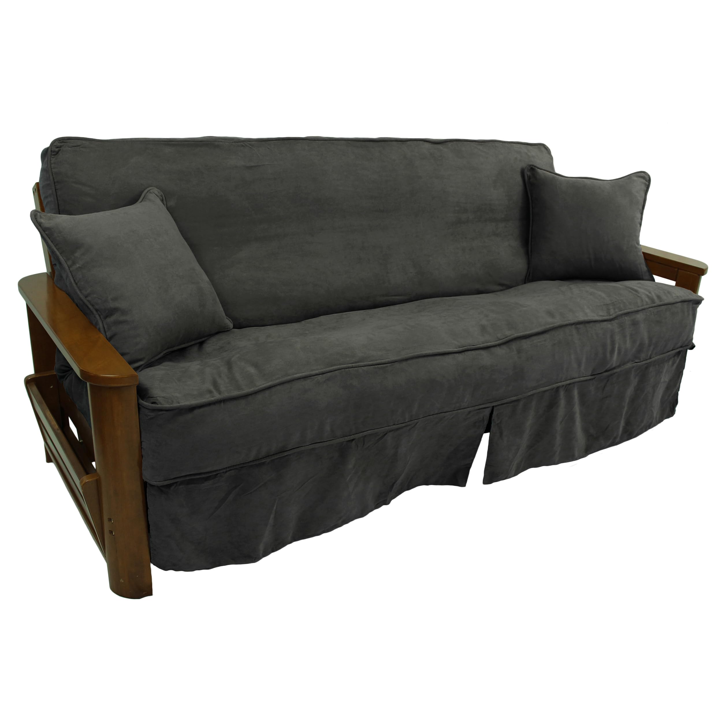 Solid Microsuede Double Corded 8 to 9-inch Full Futon Slipcover Set with Two 18-inch Throw Pillows (Set of 3) - Steel Grey