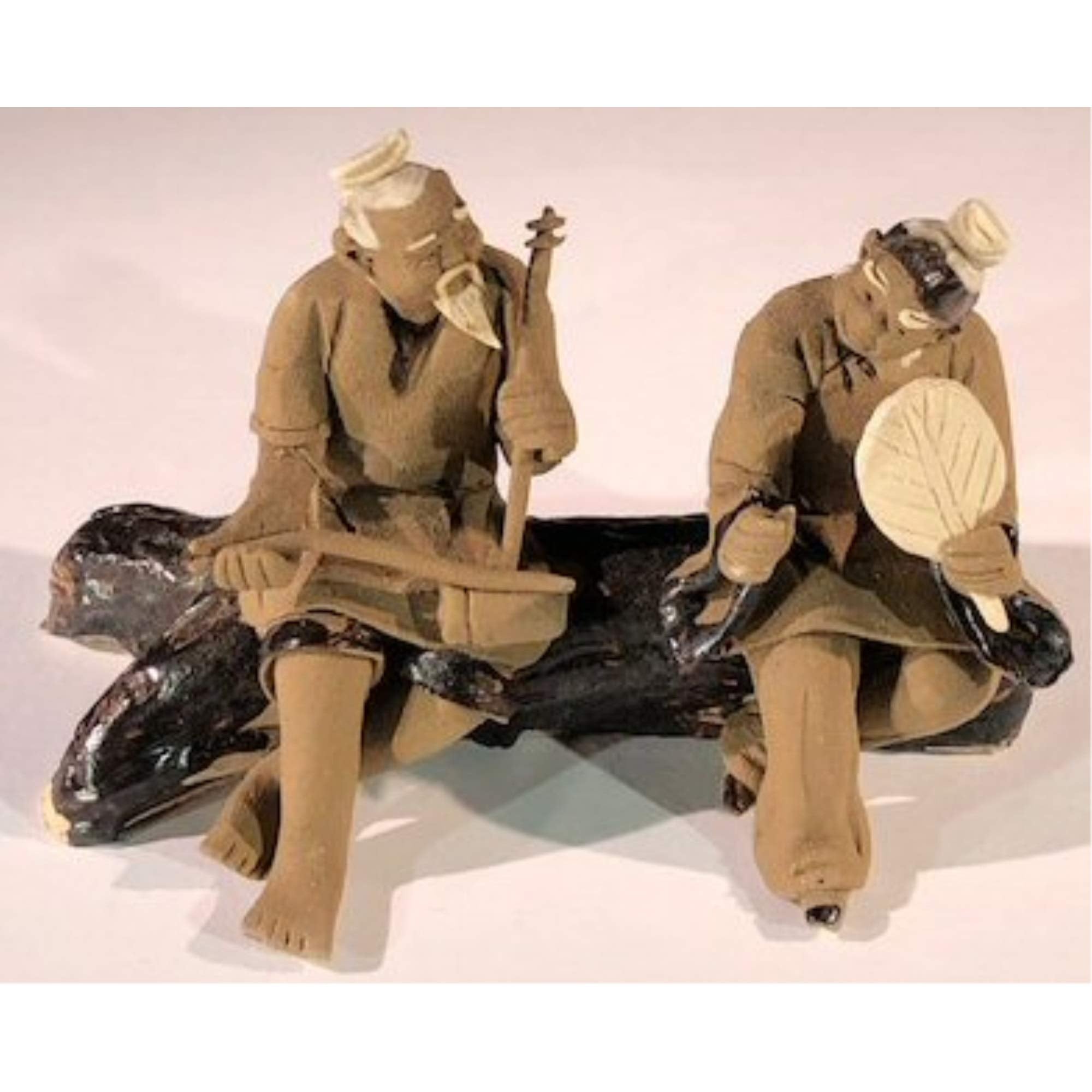 Miniature Ceramic Figurine Two Men Sitting on Bench Playing Musical Instrument - 2.5 Unglazed