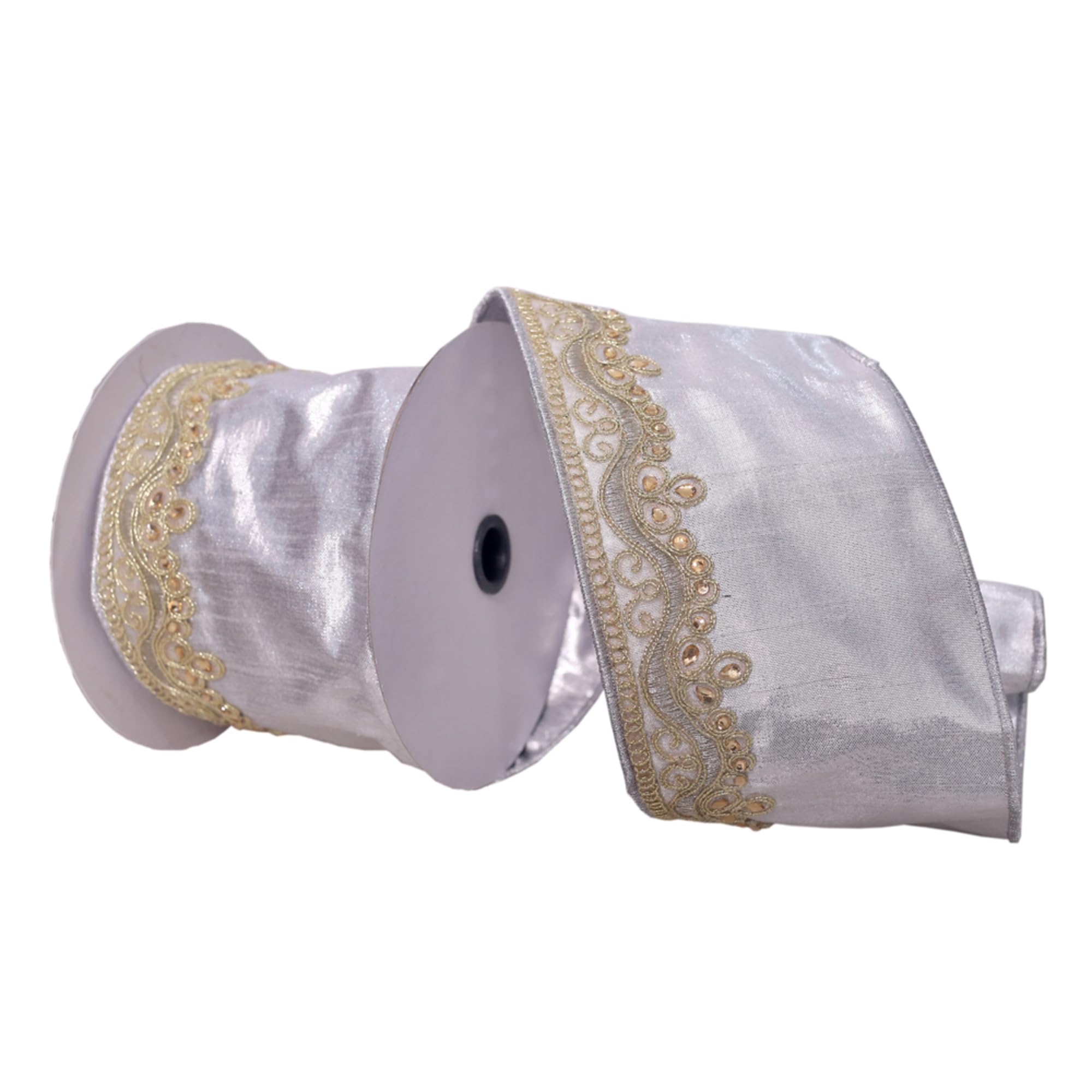 Casafoyer  4” x 5 Yards Silver with Gold Embroidery One-Side Wired Edge Christmas Ribbon. - (Pack Of 2)