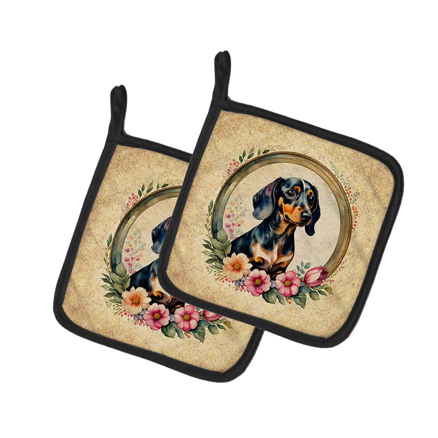 Dachshund and Flowers Pair of Pot Holders