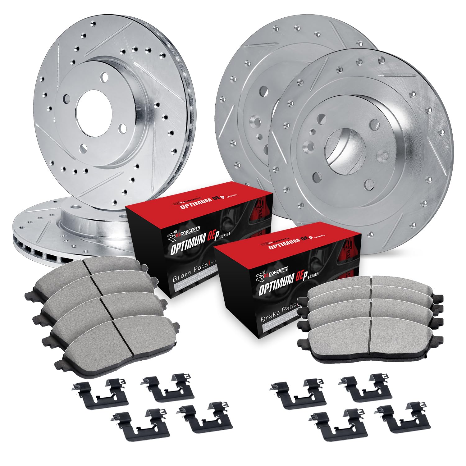 R1 Concepts Drilled and Slotted Silver Disc Brake Rotor Set with Optimum Oe Pads and Hardware WGUH2-58001