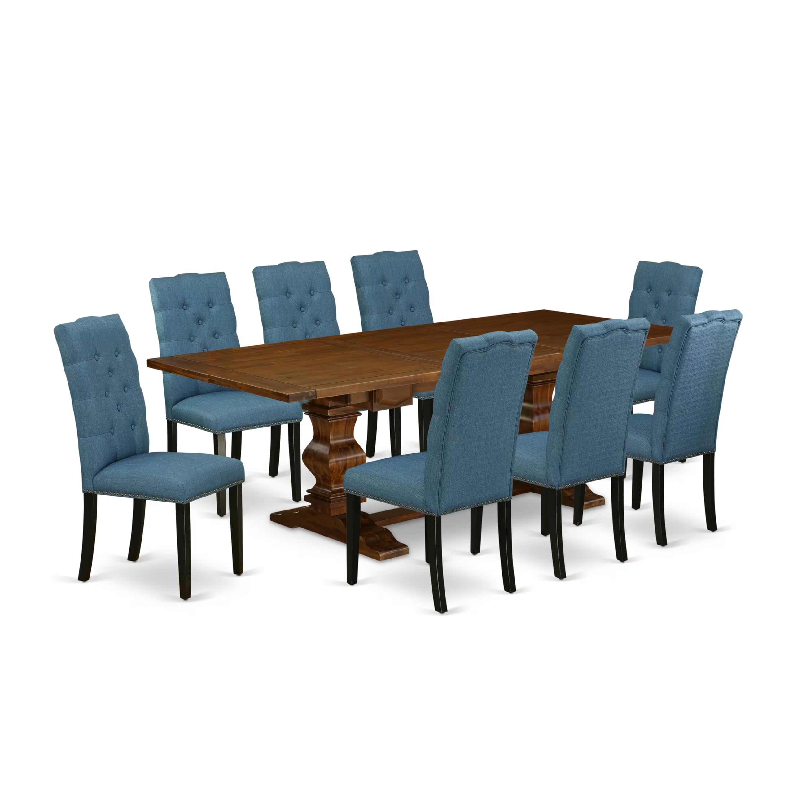 9-pc dining table set with Chairs Legs and Mineral Blue Linen Fabric