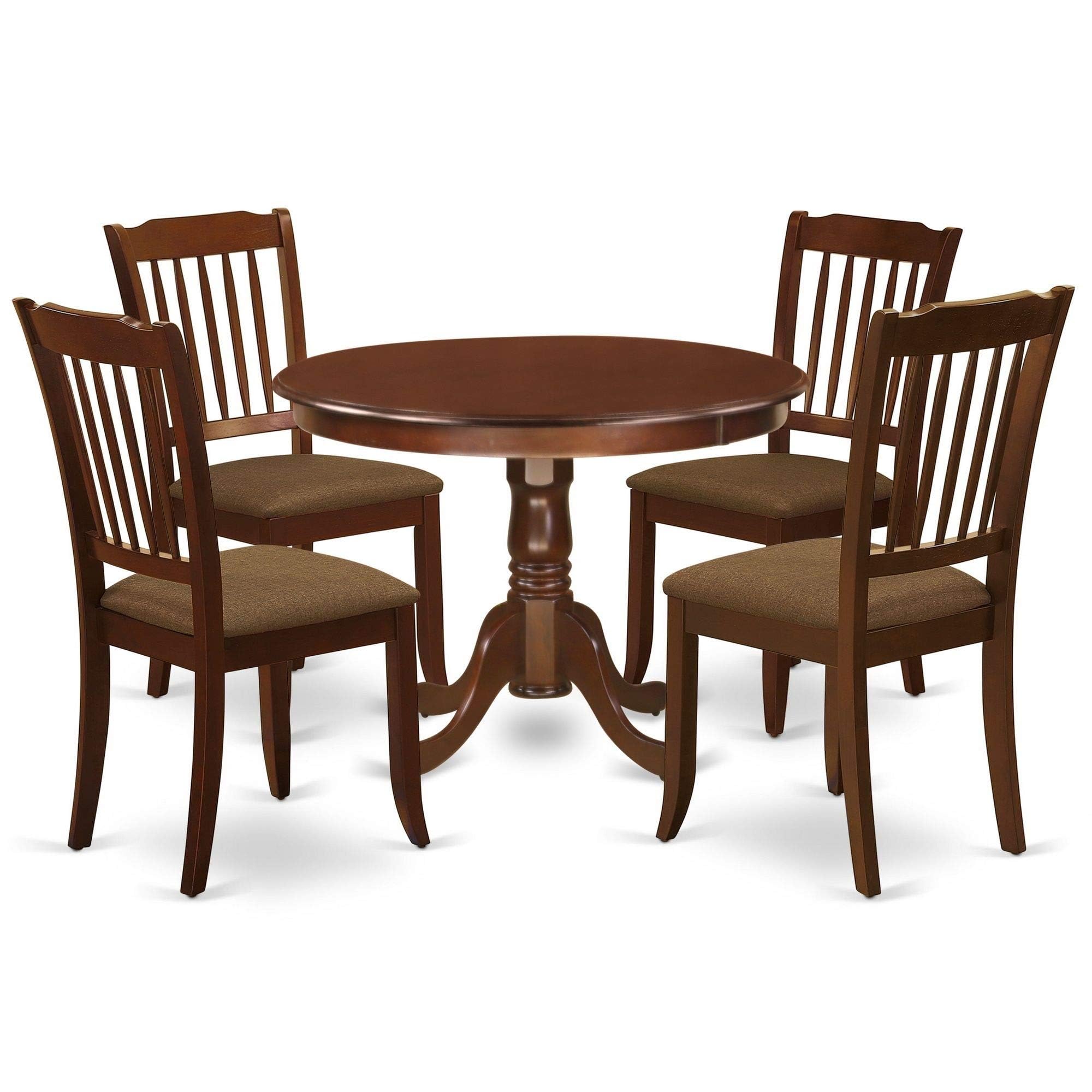 Casafoyer HLDA5-MAH-C 5 Piece Kitchen Table Set for 4 Includes a Round Dining Room Table with Pedestal and 4 Linen Fabric Upholstered Dining Chairs, 42x42 Inch, Mahogany