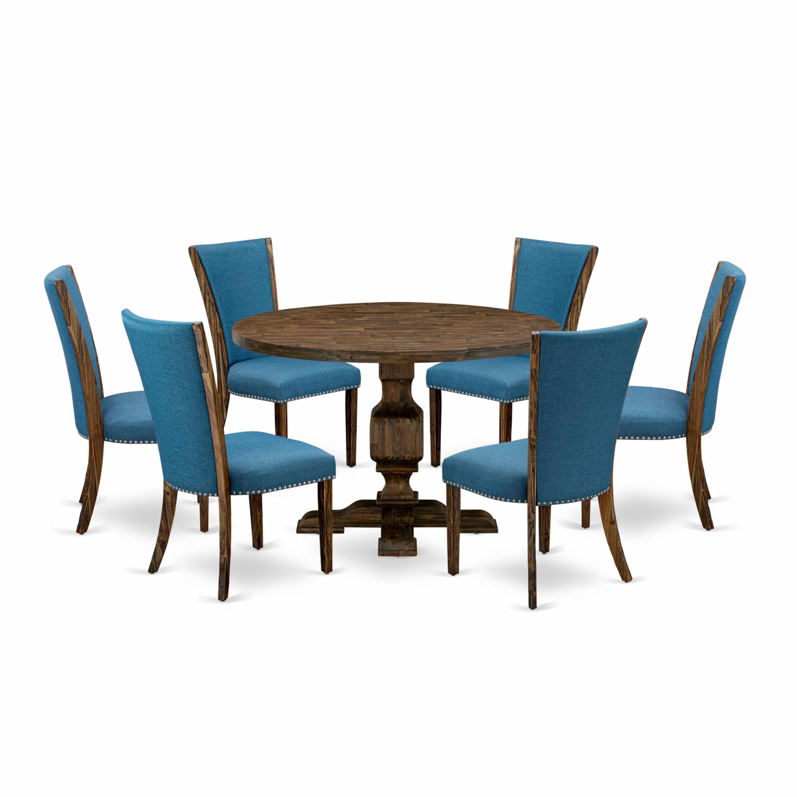 East West Furniture 7-Pc Dining Room Table Set - Dinner Table and 6 Blue Color Parson Dining Chairs with High Back - Distressed Jacobean Finish