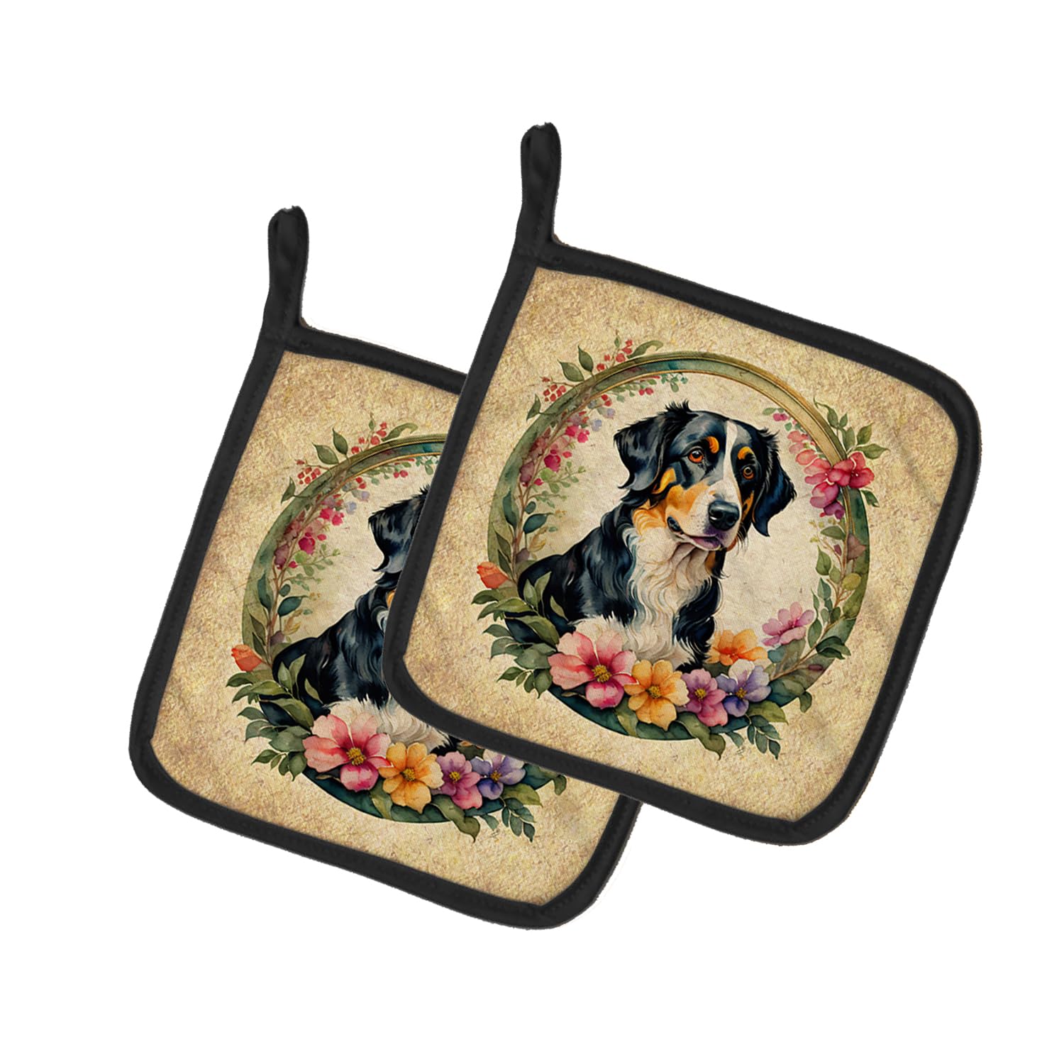 Appenzeller Sennenhund and Flowers Pair of Pot Holders