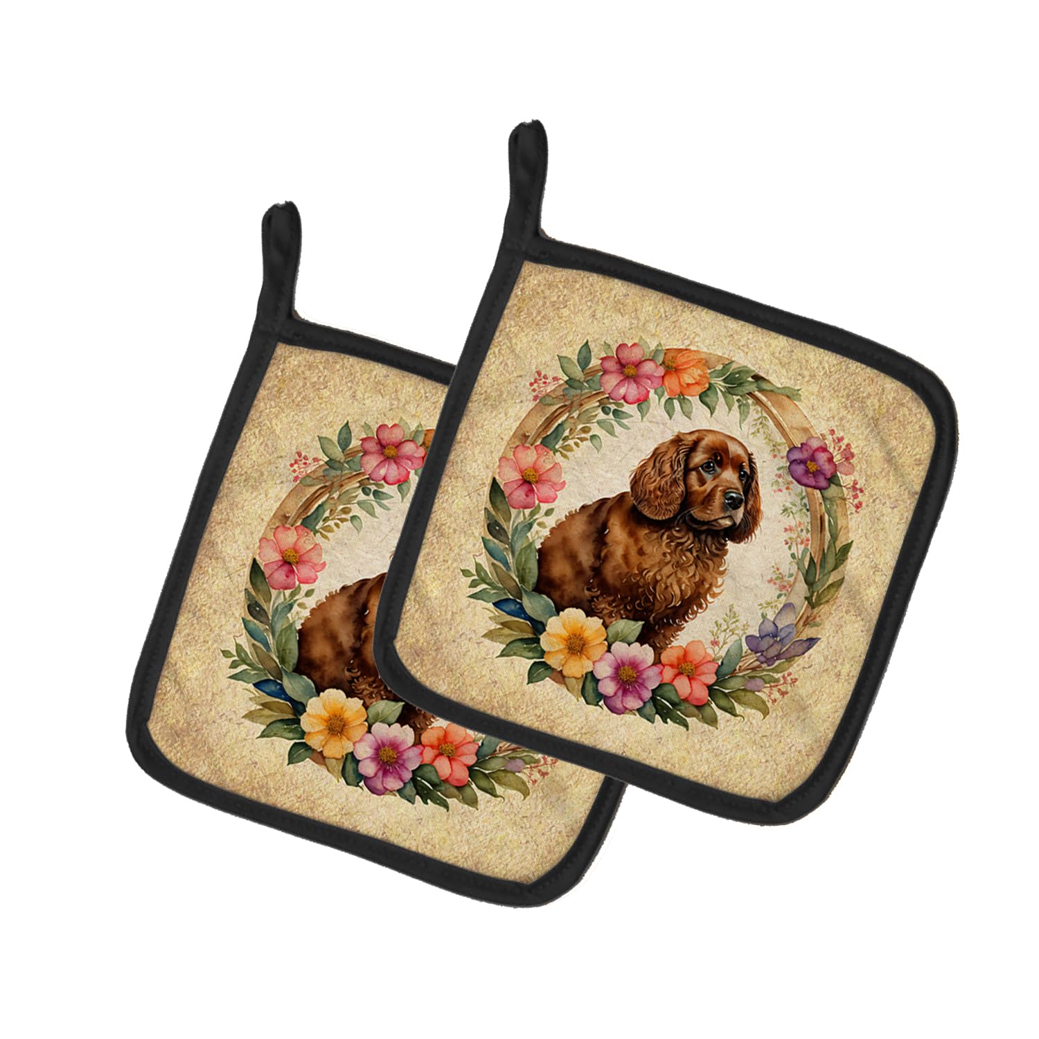 American Water Spaniel and Flowers Pair of Pot Holders
