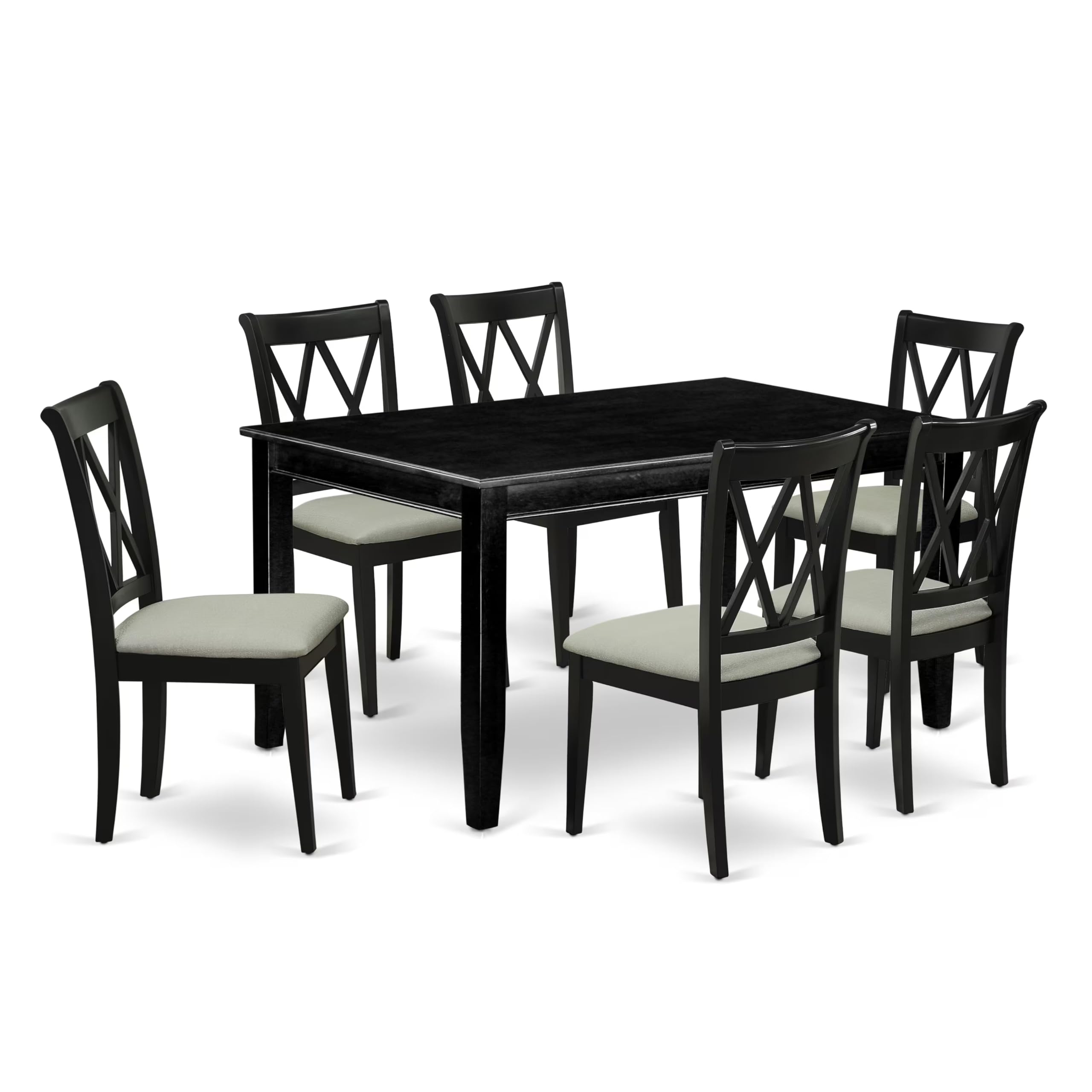 DUCL7-BLK-C 7Pc Dinette Set Includes a Rectangular Kitchen Table and Six Double X Back Linen seat Dining Chairs, Black Finish