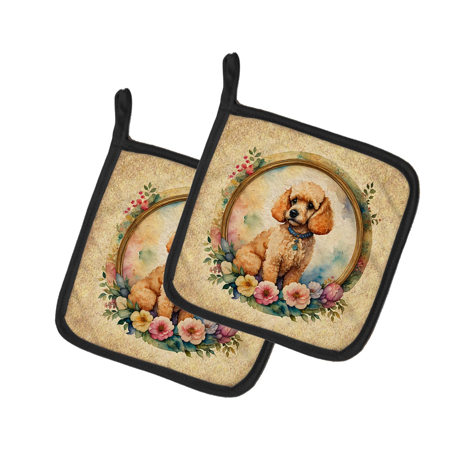 Poodle and Flowers Pair of Pot Holders