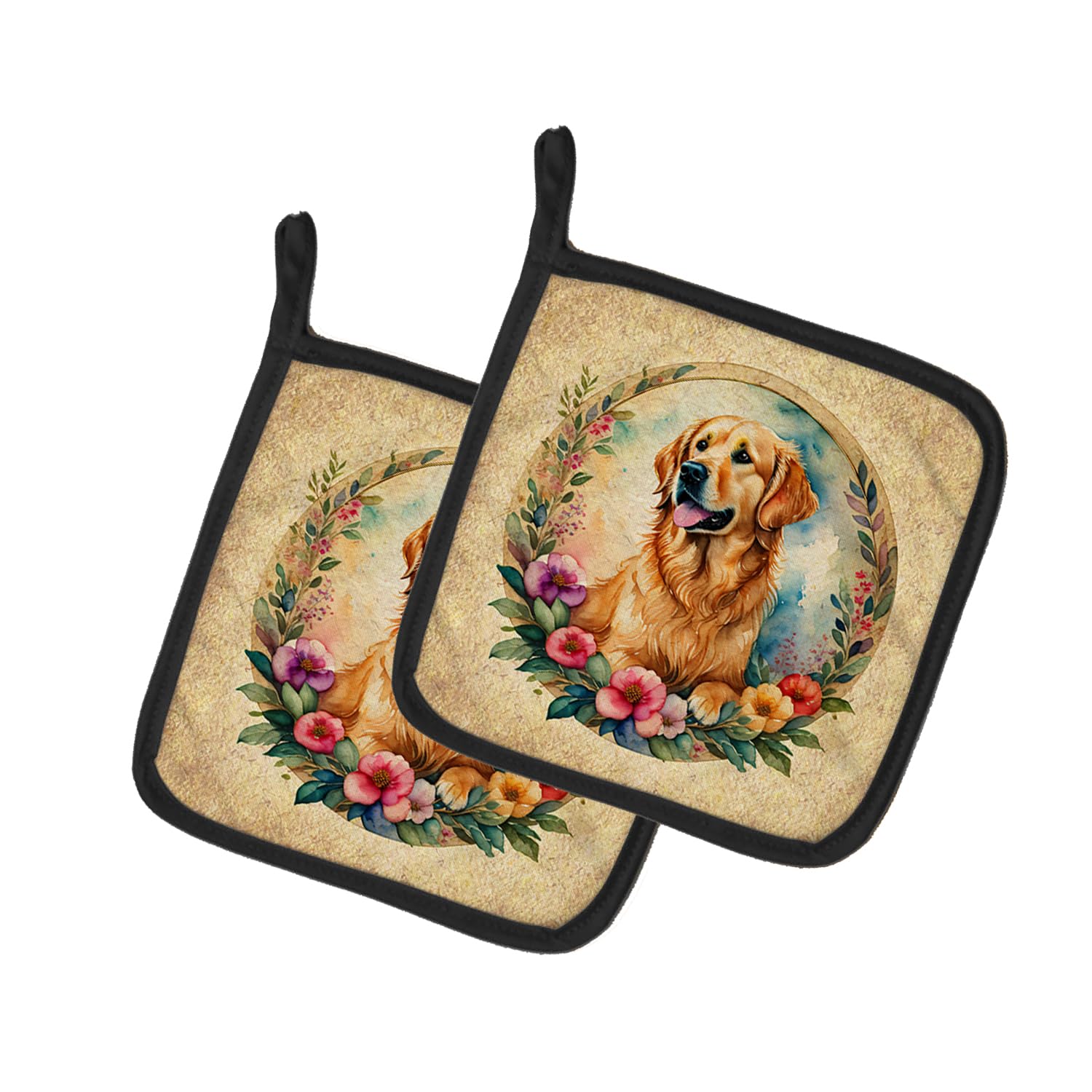 Golden Retriever and Flowers Pair of Pot Holders