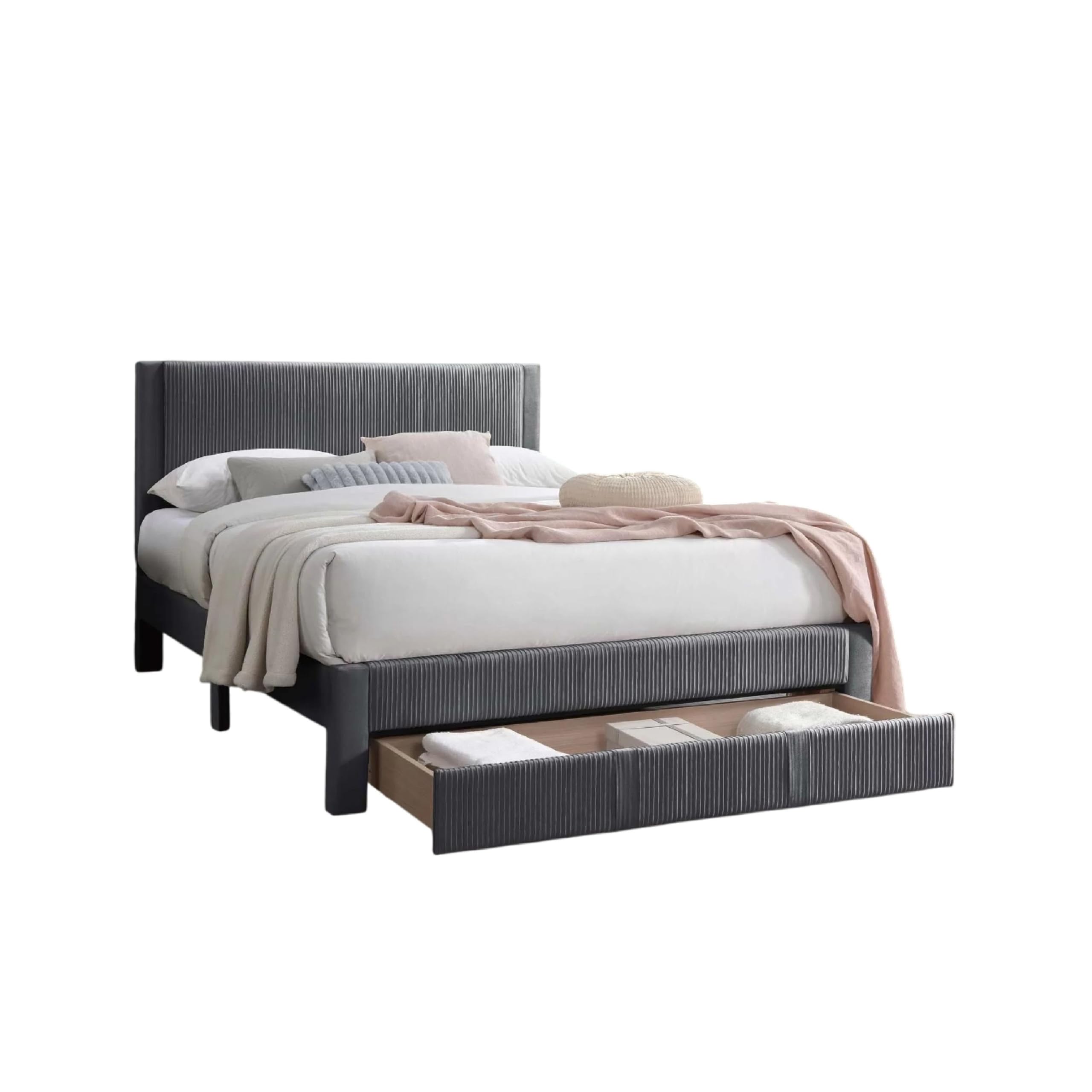 Daisy Full Bed w Drawer, Dark Gray Corduroy Upholstery, Foam Headboard