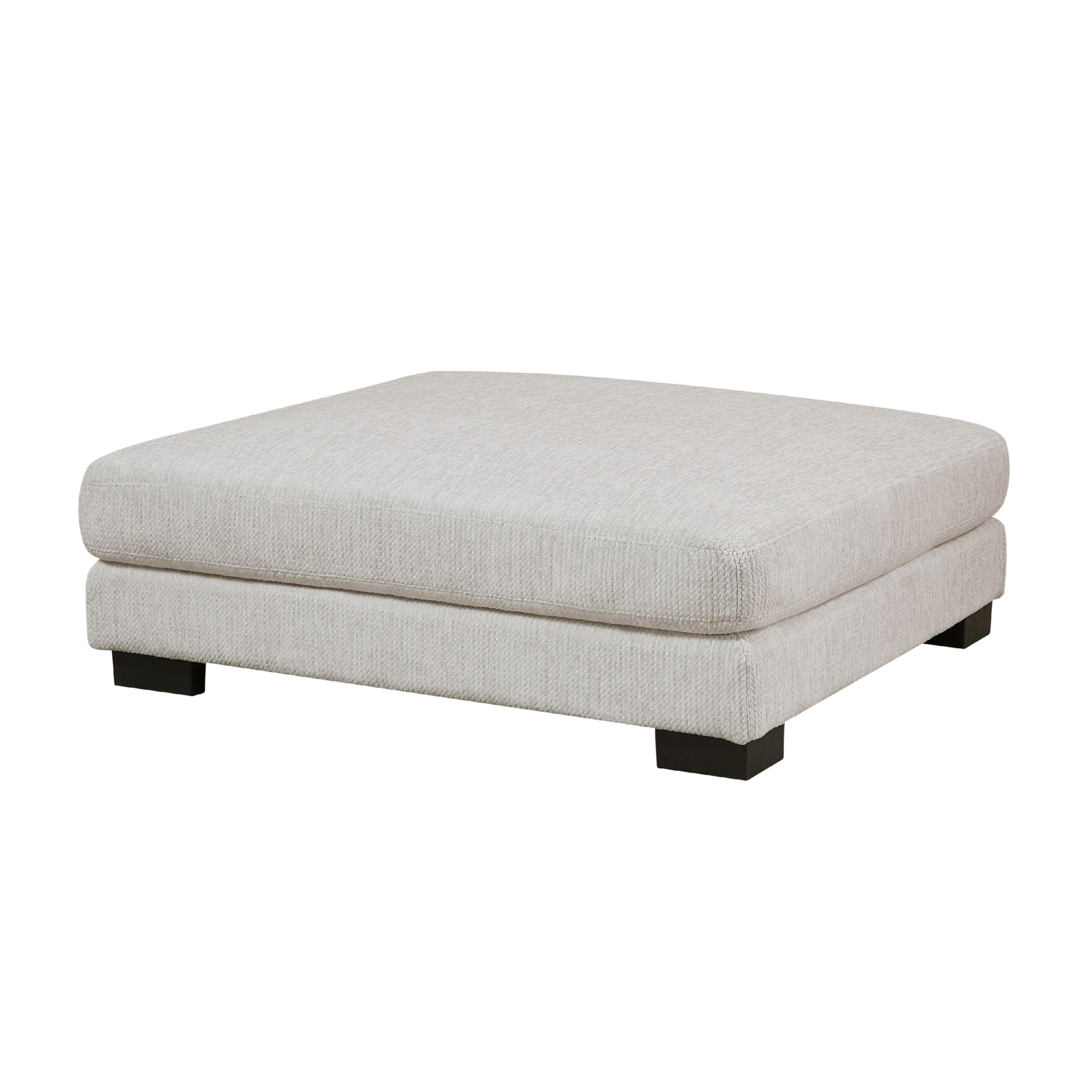 Liny Square Ottoman, 45 Inch Beige Microfiber, Black Solid Wood