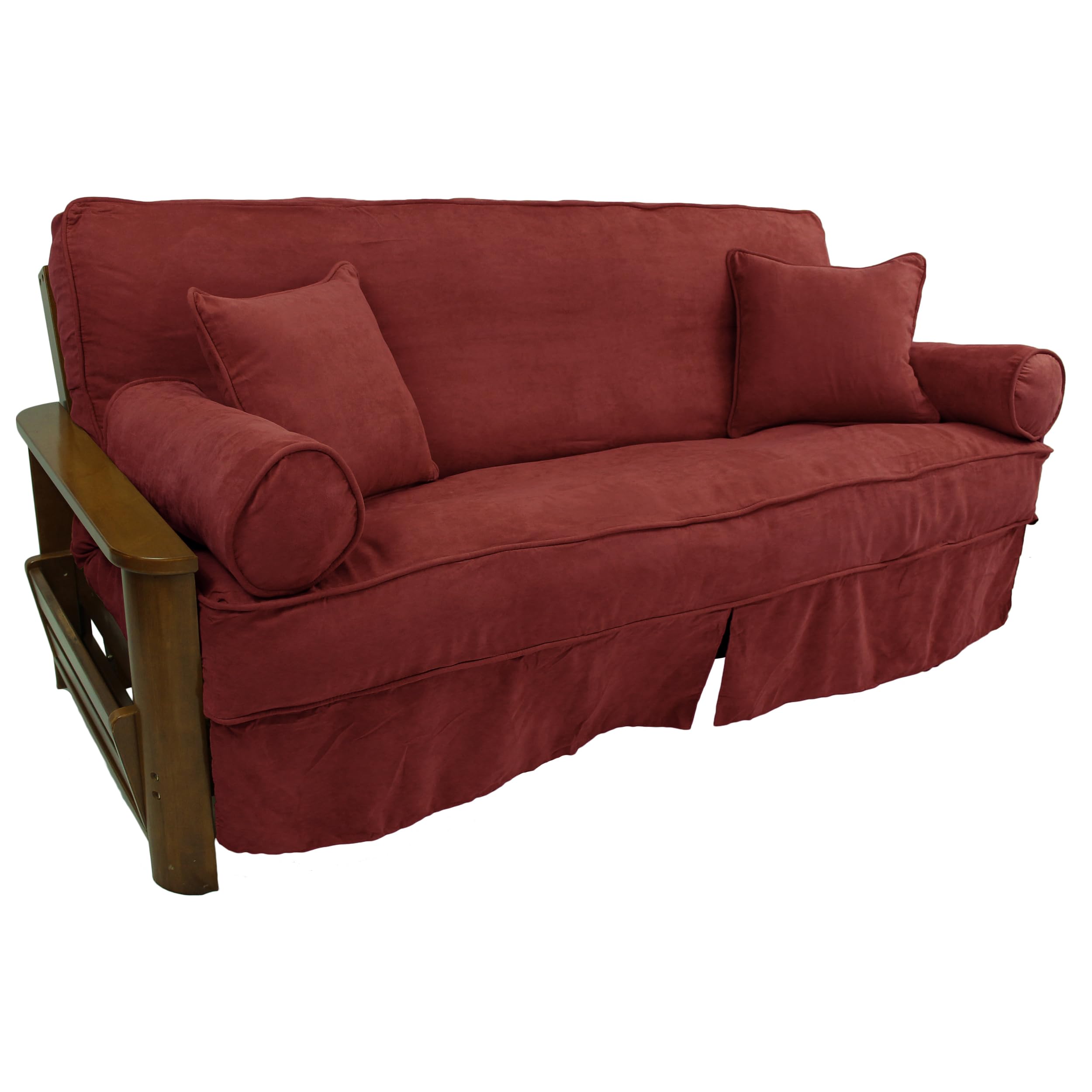 Solid Microsuede Double Corded 8 to 9-inch Full Futon Slipcover Set with Four Throw Pillows (Set of 5) - Red Wine