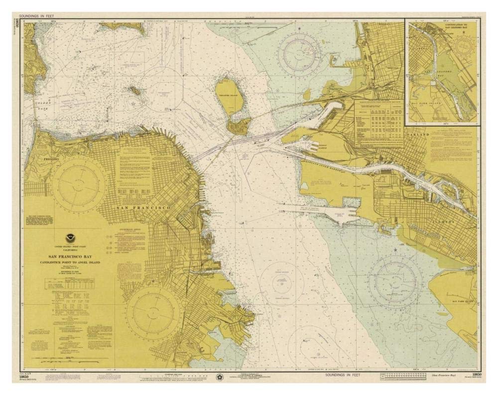 Nautical Chart - San Francisco Bay ca. 1975 - Sepia Tinted-Paper Art-42x33”