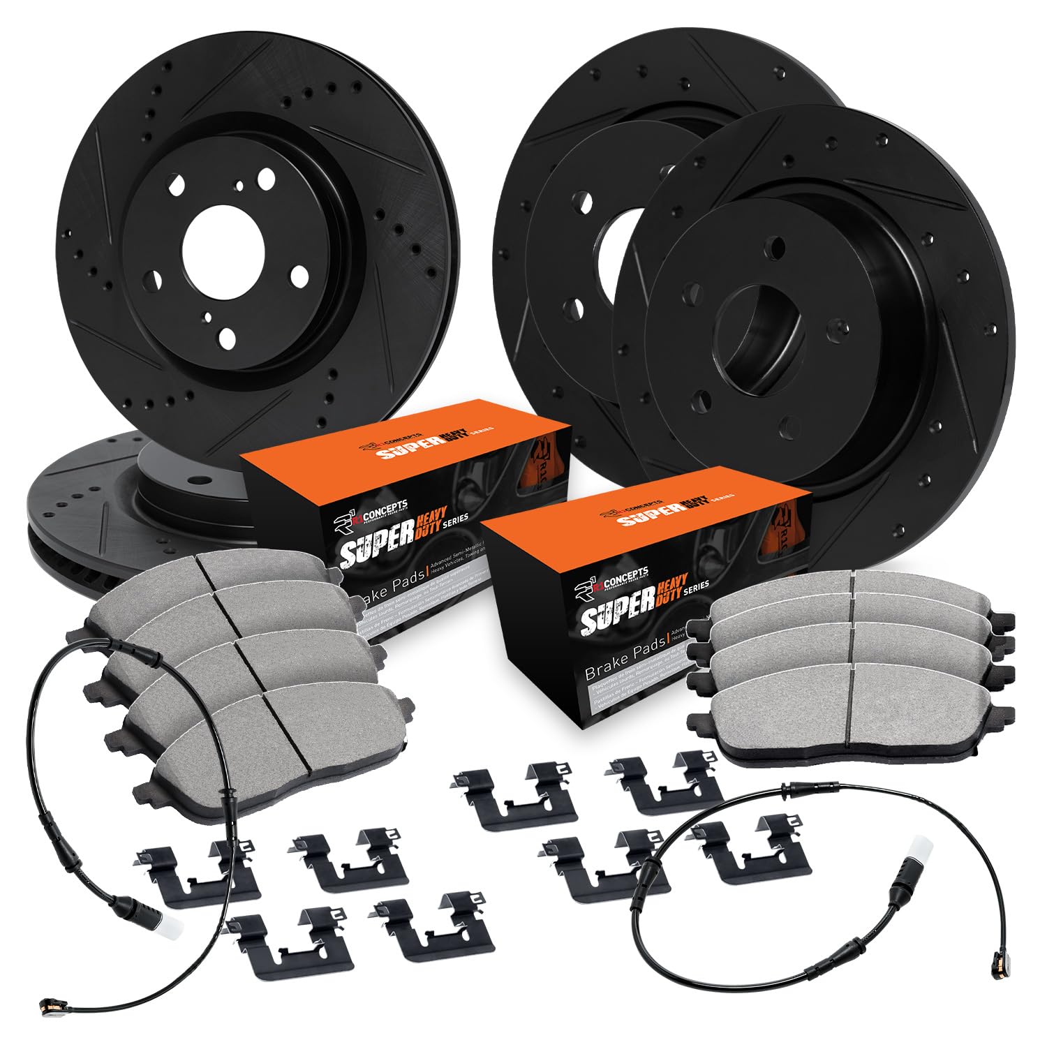 R1 Concepts Drilled and Slotted Black Disc Brake Rotor Set with Super Duty Pads, Sensor, and Hardware WHXS2-99001