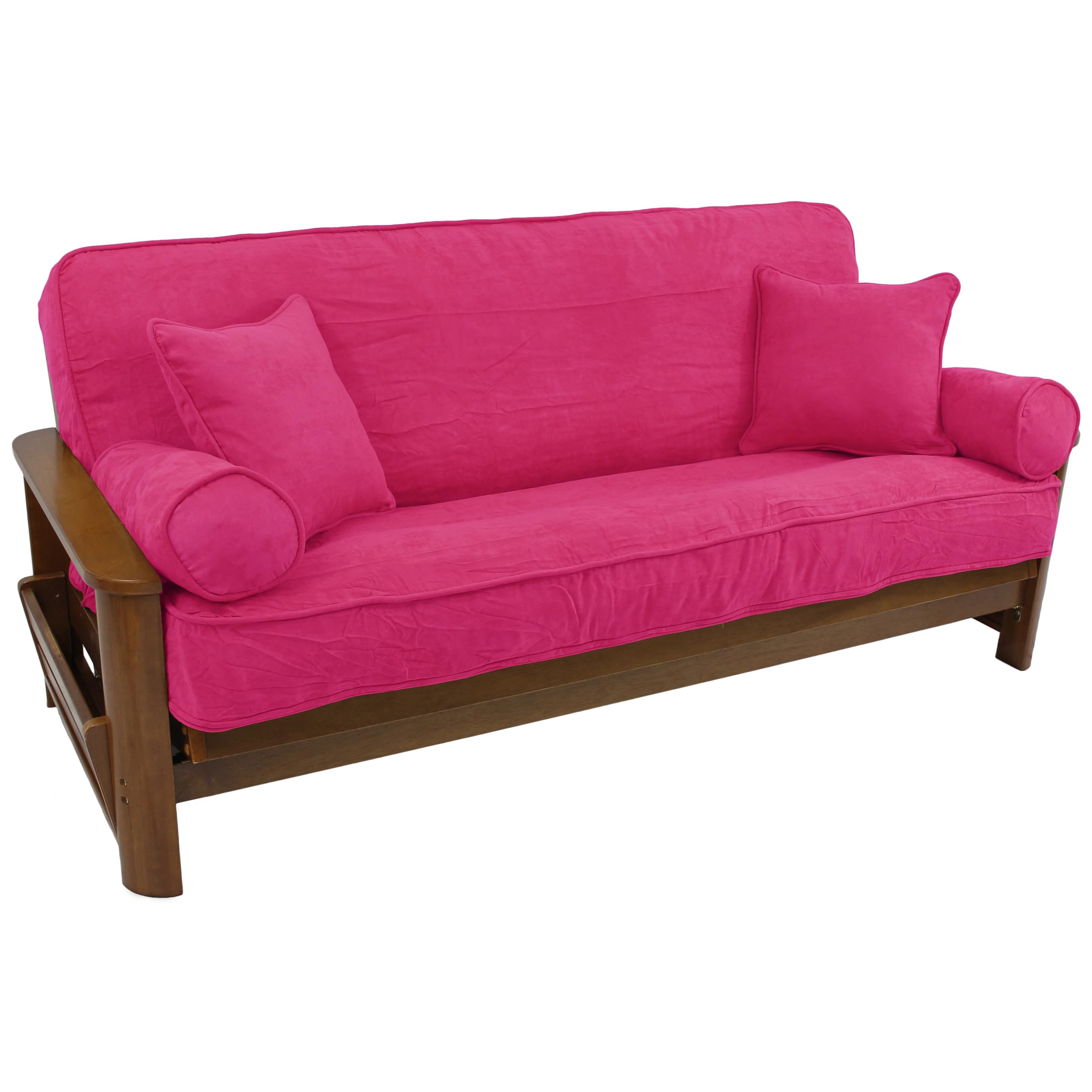 Solid Microsuede Double Corded 8 to 9-inch Full Futon Cover Set with Four Throw Pillows (Set of 5) - Bery Berry