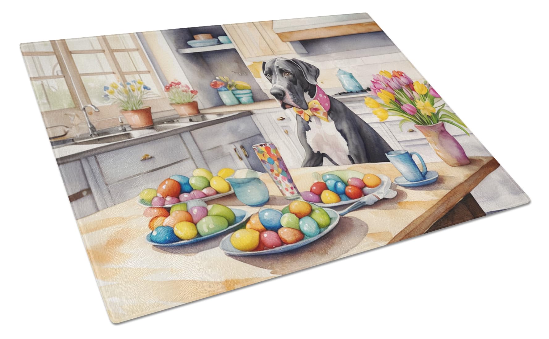 Carolines Treasures DAC6828LCB Decorating Easter Great Dane Glass Cutting Board Decorative Tempered Glass Kitchen Cutting and Serving Board Large Size Chopping Board